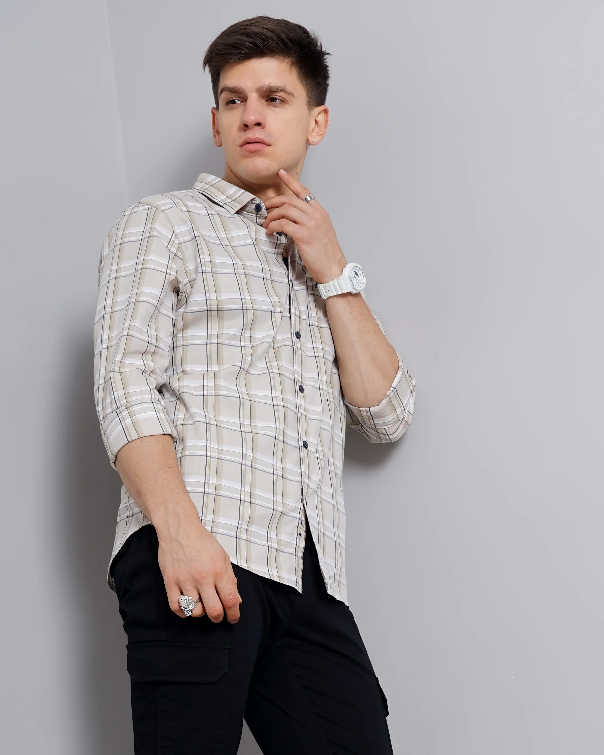 Men Beige Cotton Slim Shirt - Image 3