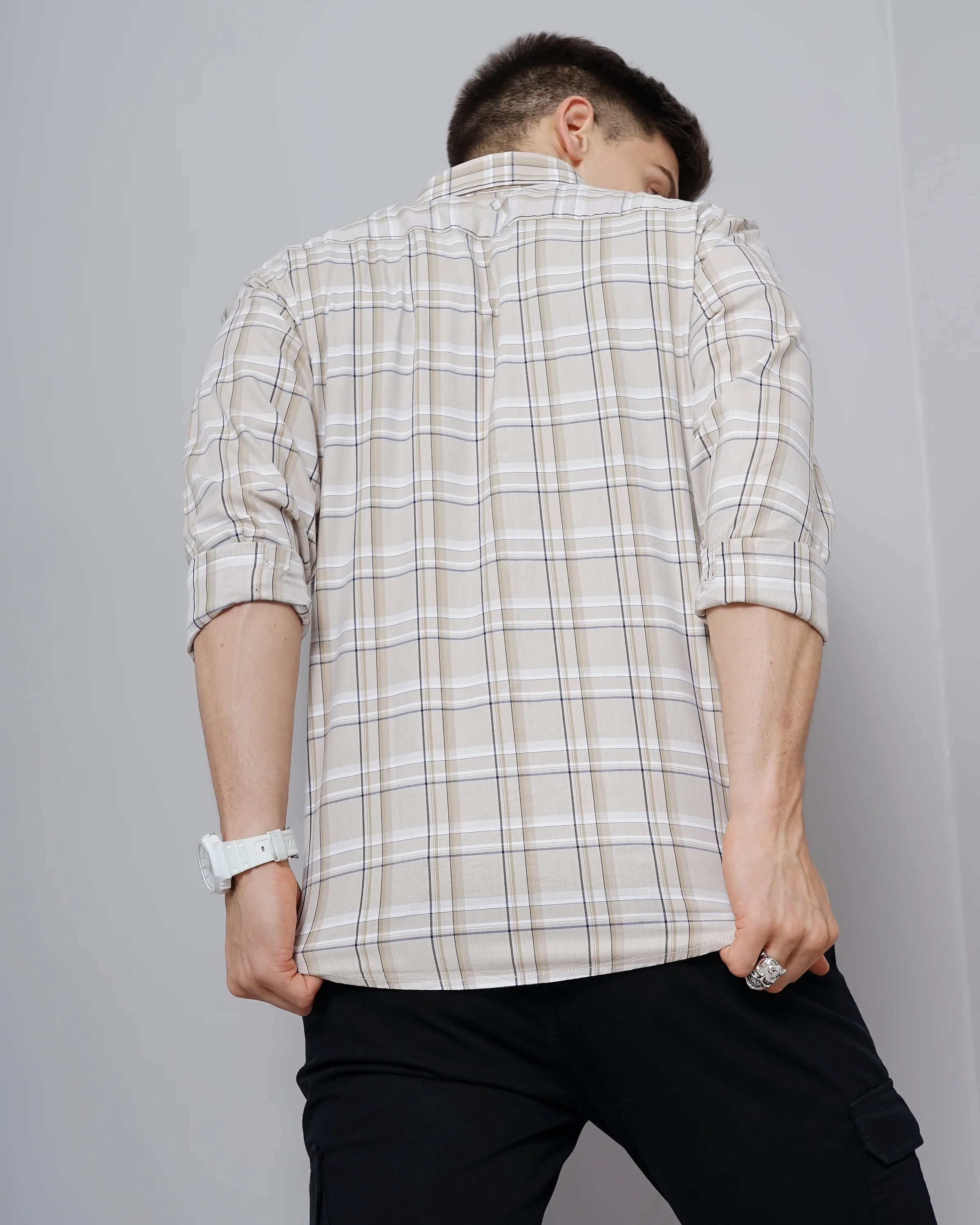 Men Beige Cotton Slim Shirt - Image 4