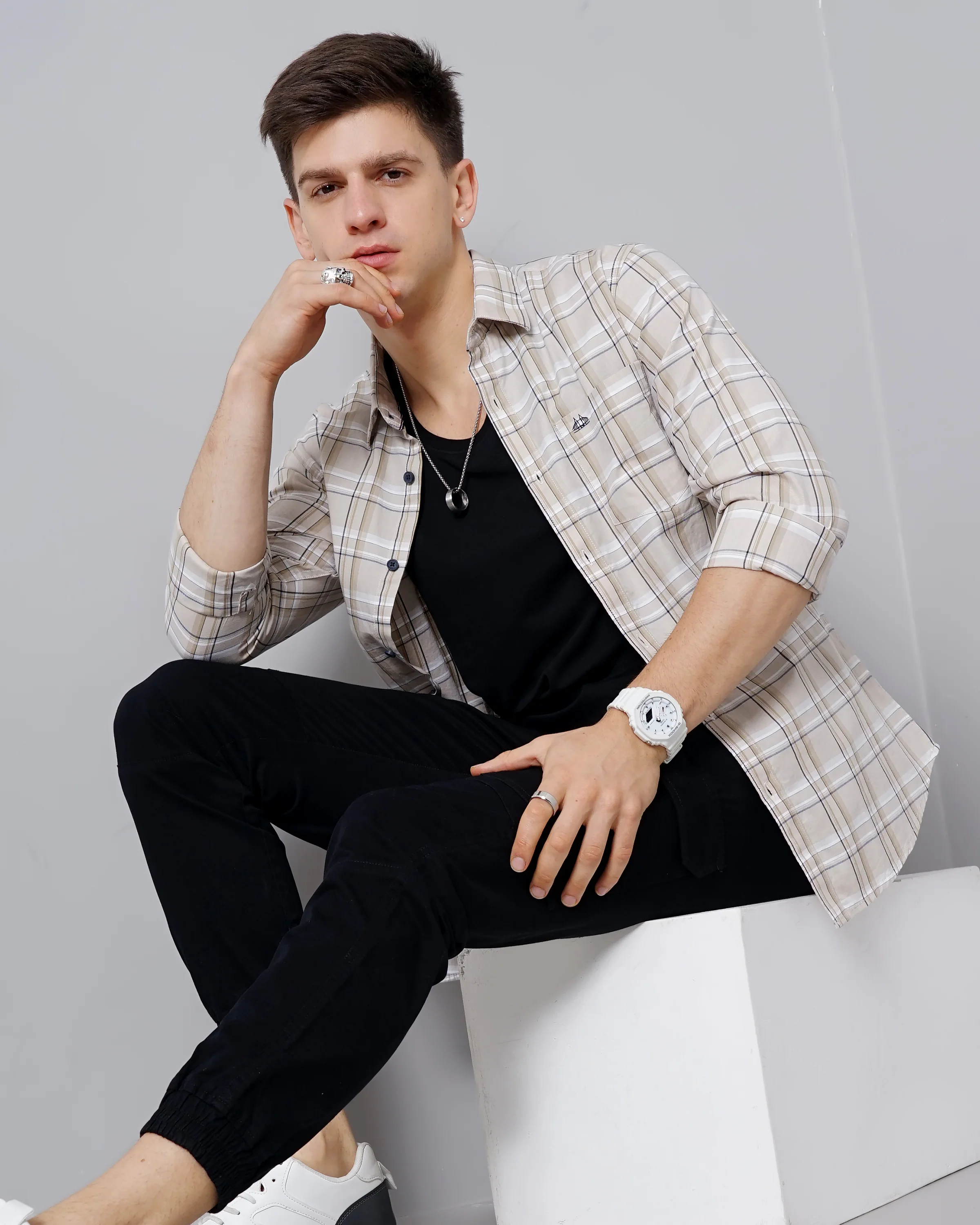 Men Beige Cotton Slim Shirt - Image 5