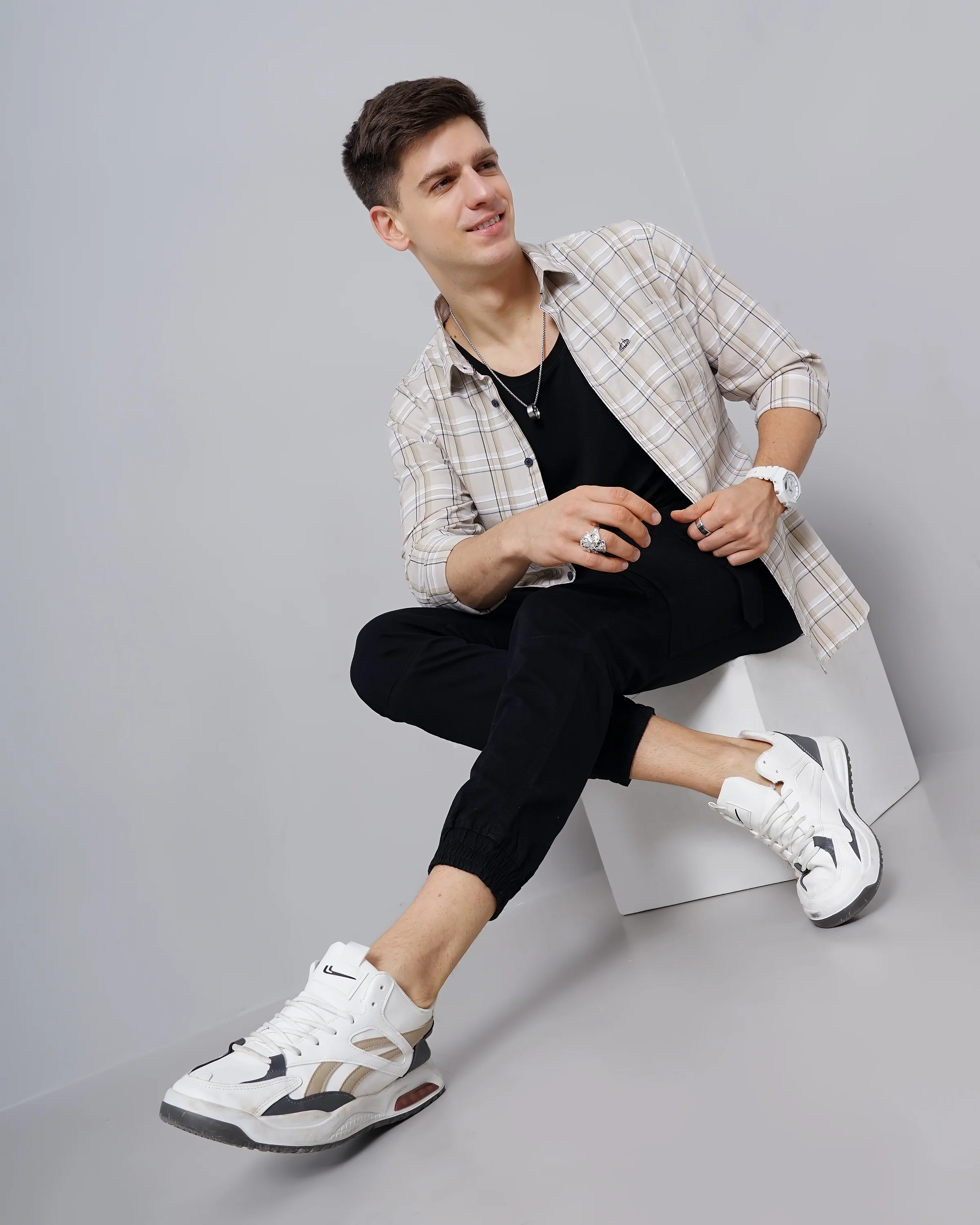 Men Beige Cotton Slim Shirt - Image 6