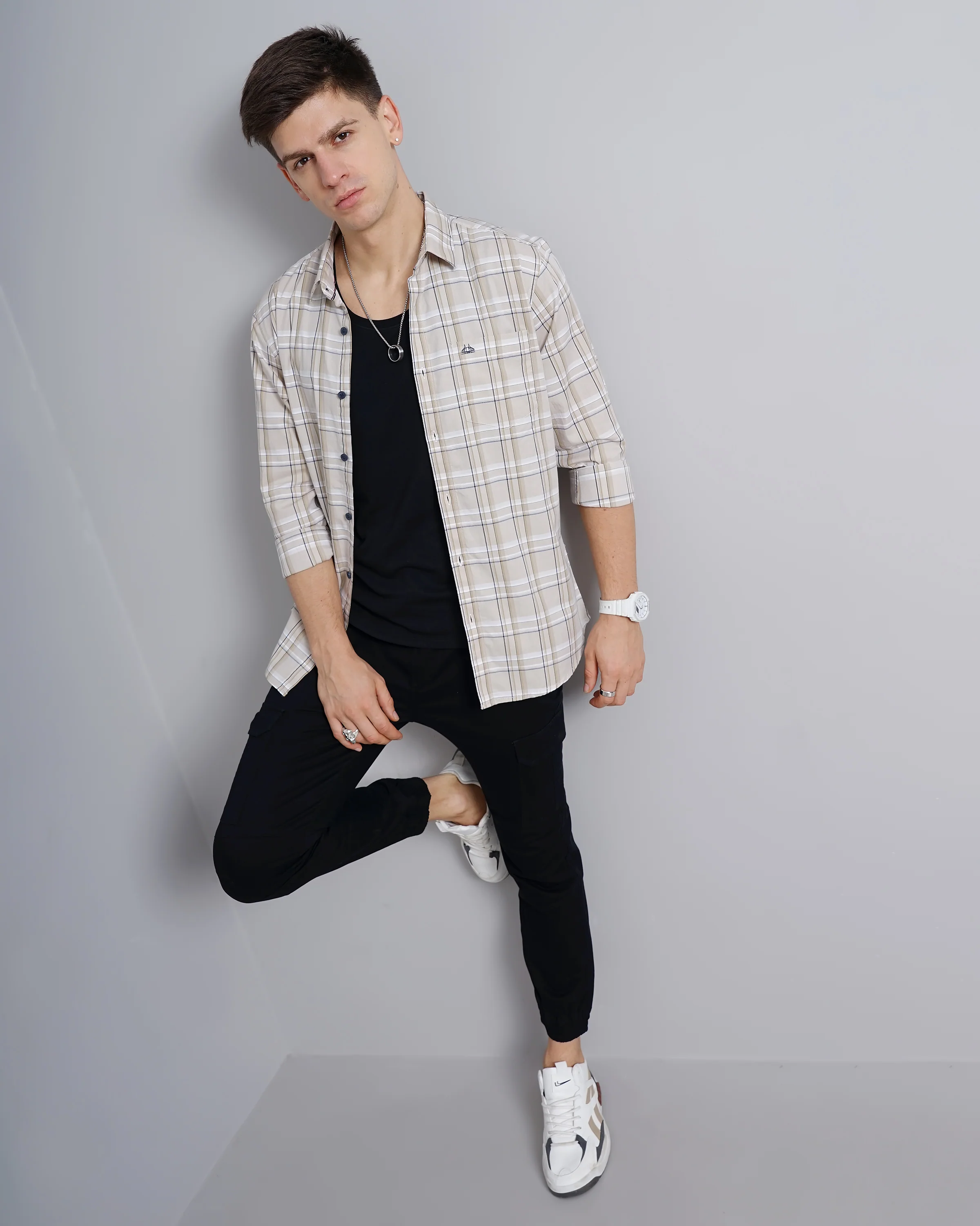 Men Beige Cotton Slim Shirt - Image 7