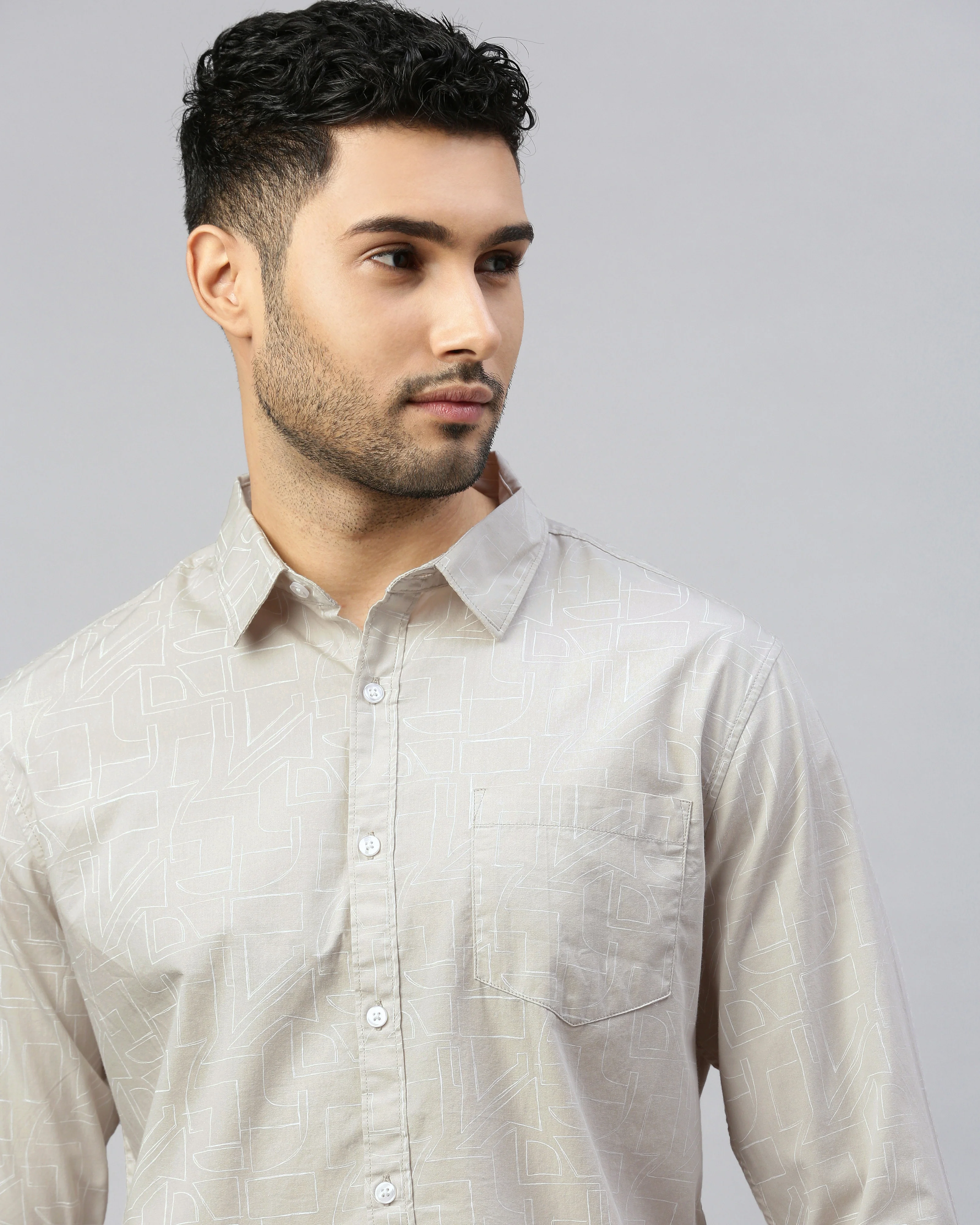 Men Beige Cotton Slim Shirt - Image 2