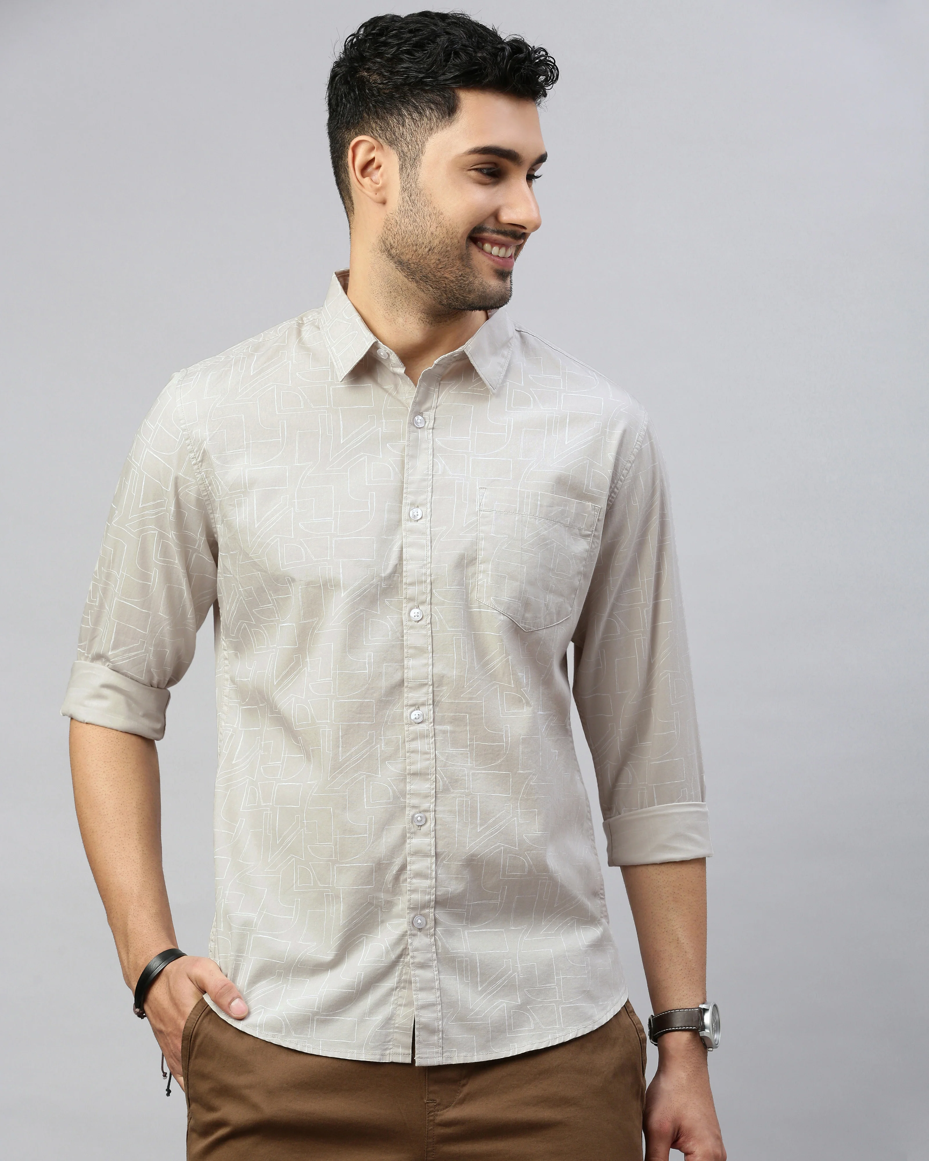 Men Beige Cotton Slim Shirt - Image 3