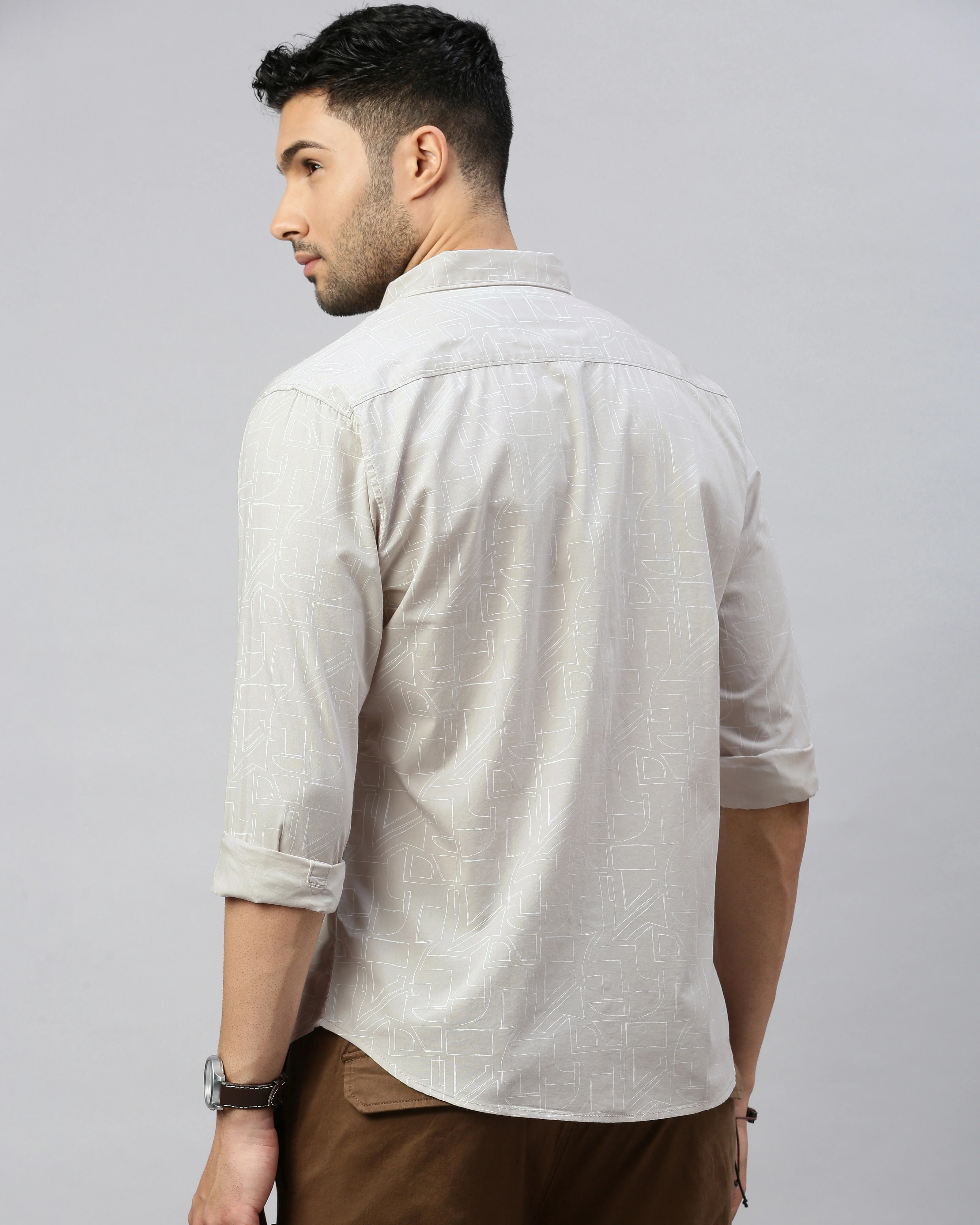 Men Beige Cotton Slim Shirt - Image 4