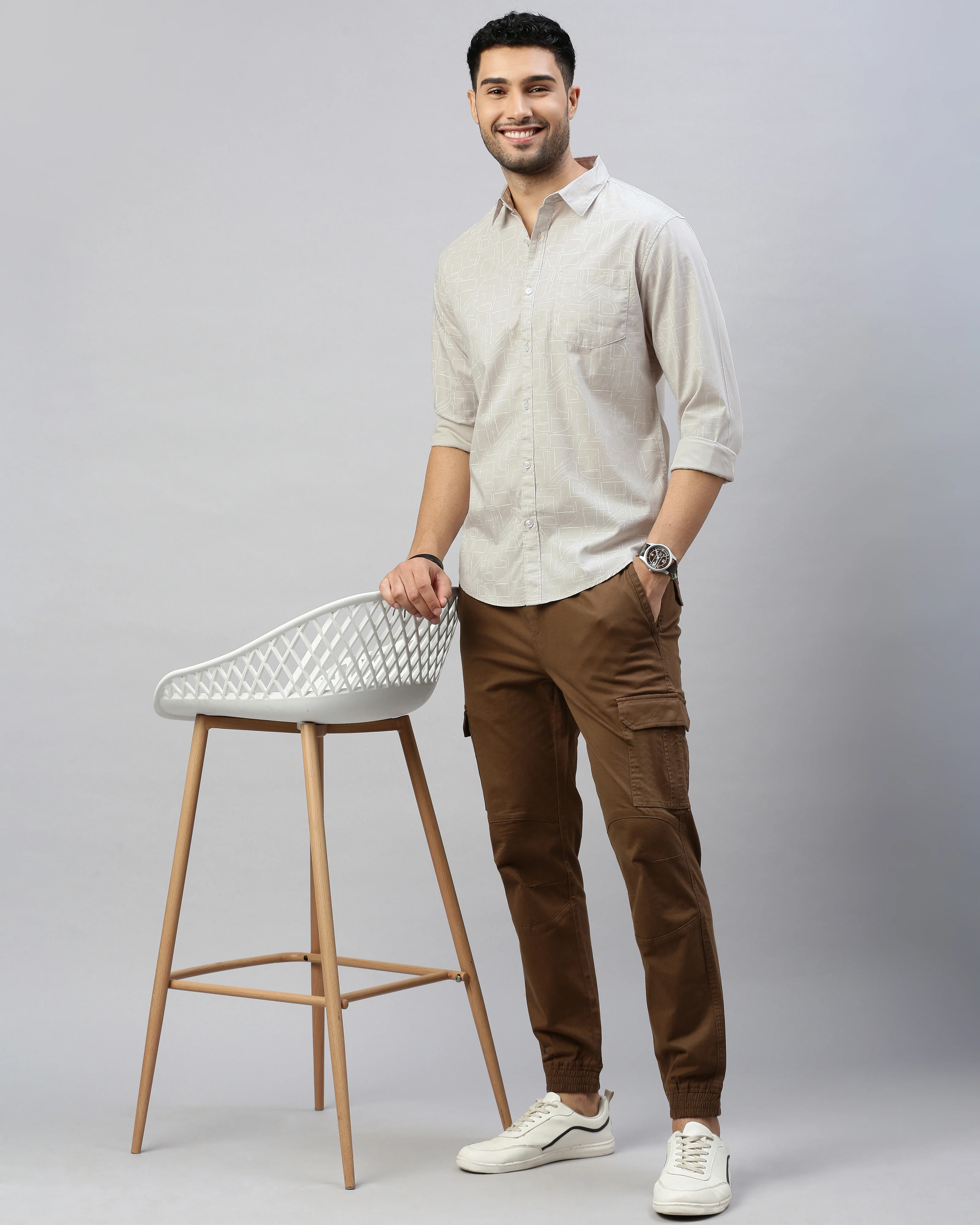 Men Beige Cotton Slim Shirt - Image 6