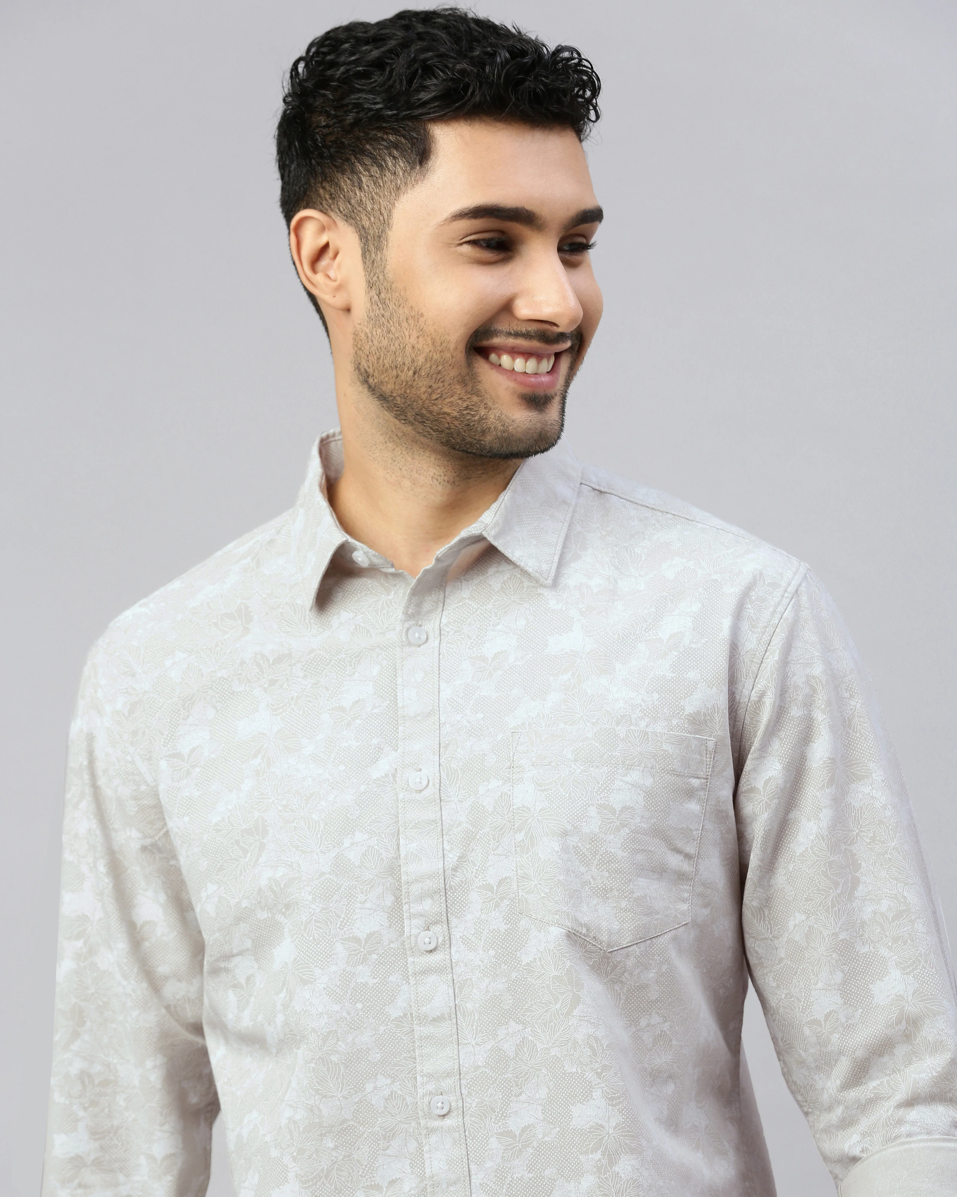Men Beige Cotton Slim Shirt - Image 2