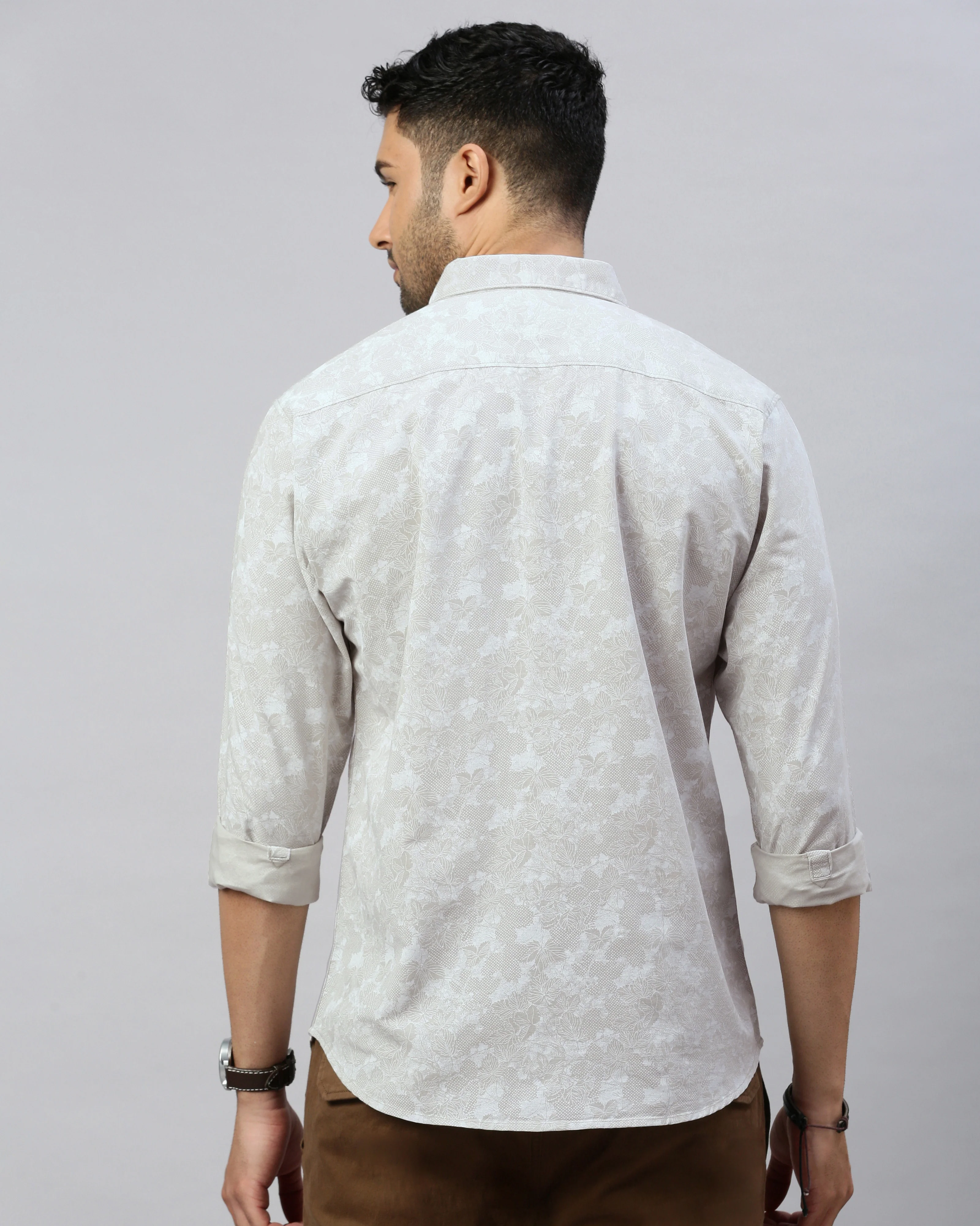 Men Beige Cotton Slim Shirt - Image 6