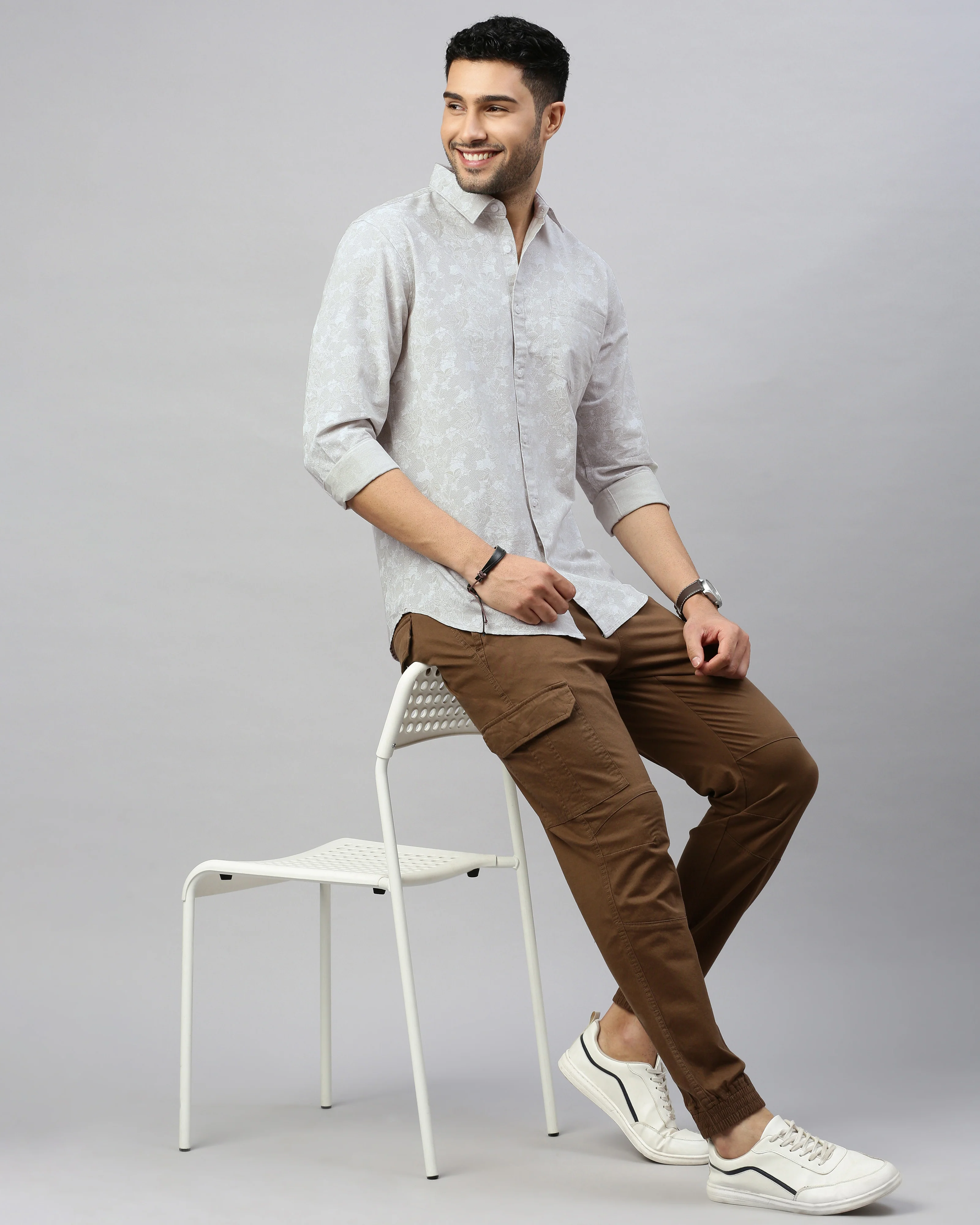 Men Beige Cotton Slim Shirt - Image 7