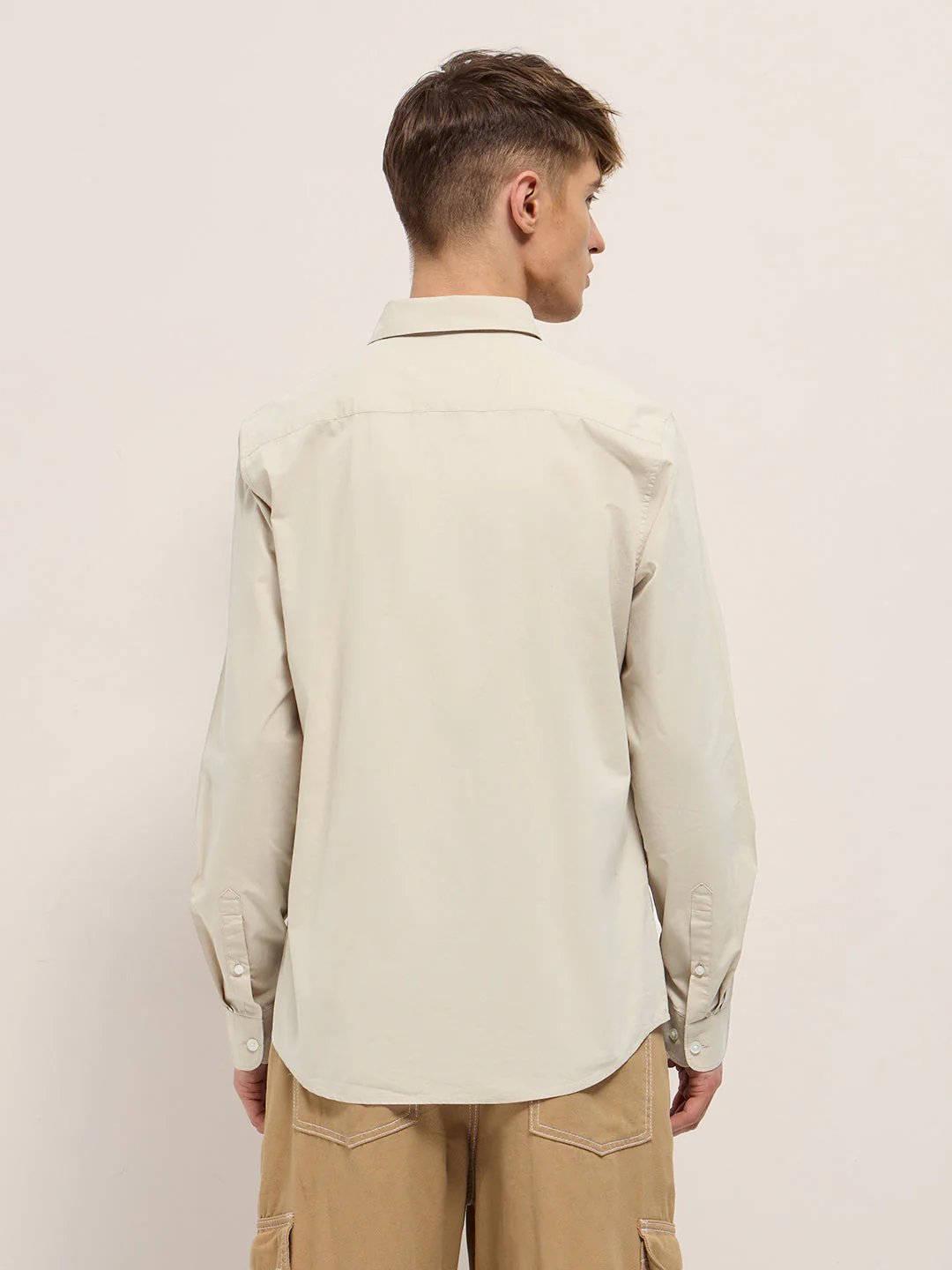 Men Beige Cotton Solid Slim Fit Casual Shirt - Image 2