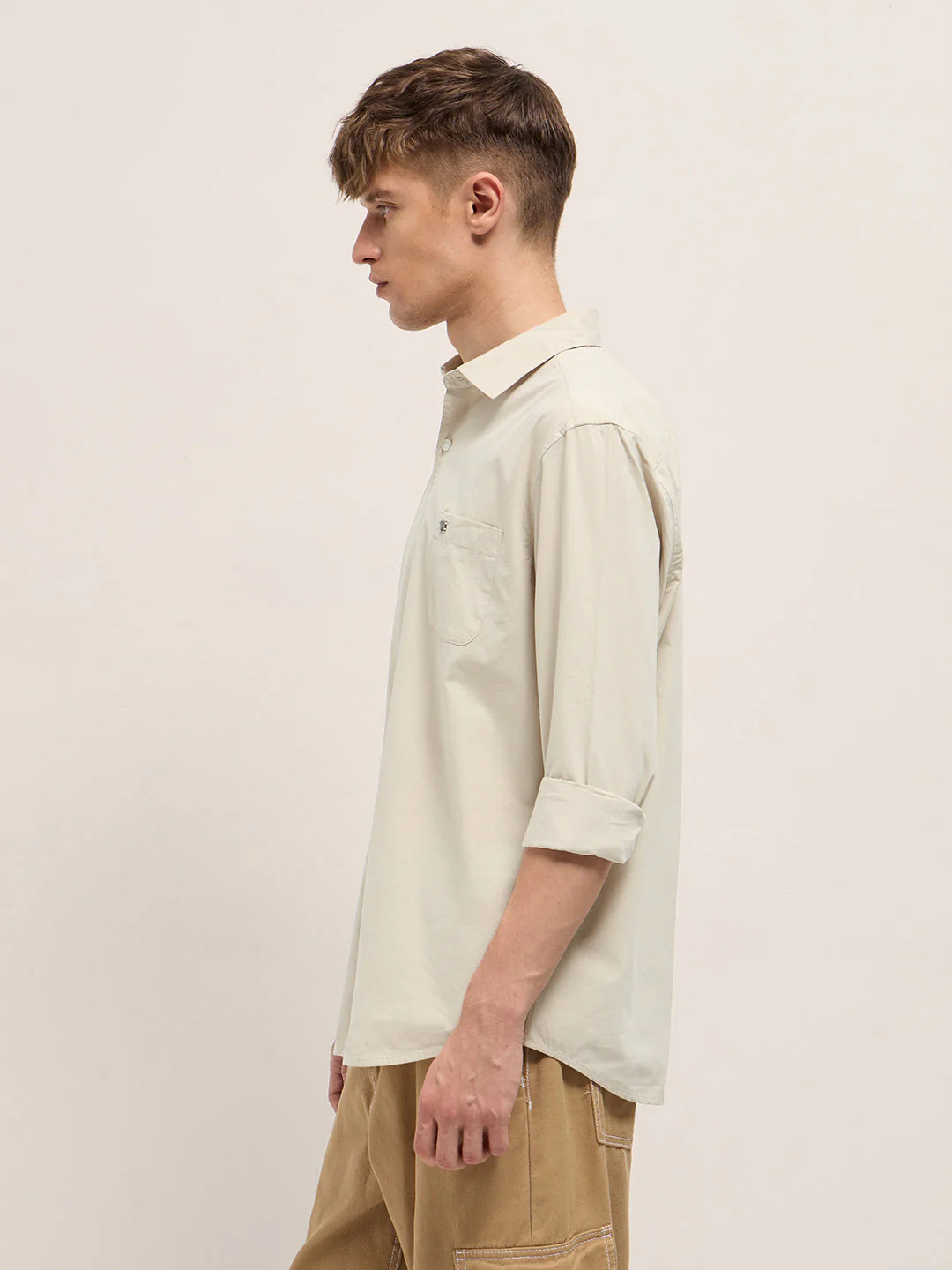 Men Beige Cotton Solid Slim Fit Casual Shirt - Image 3