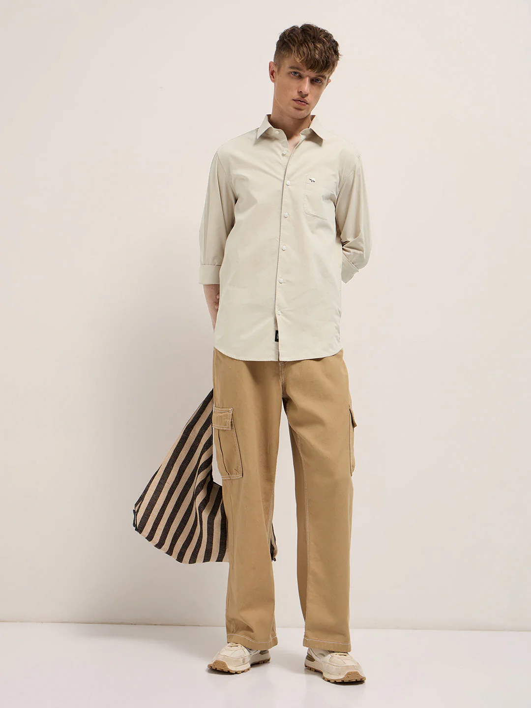 Men Beige Cotton Solid Slim Fit Casual Shirt - Image 4