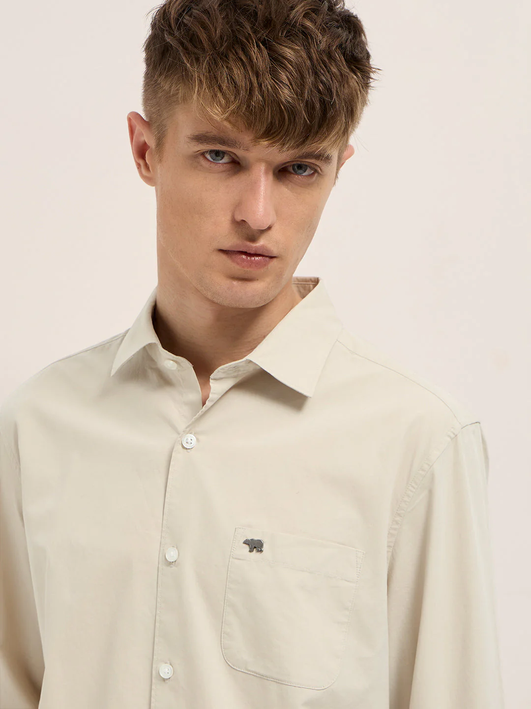 Men Beige Cotton Solid Slim Fit Casual Shirt - Image 5