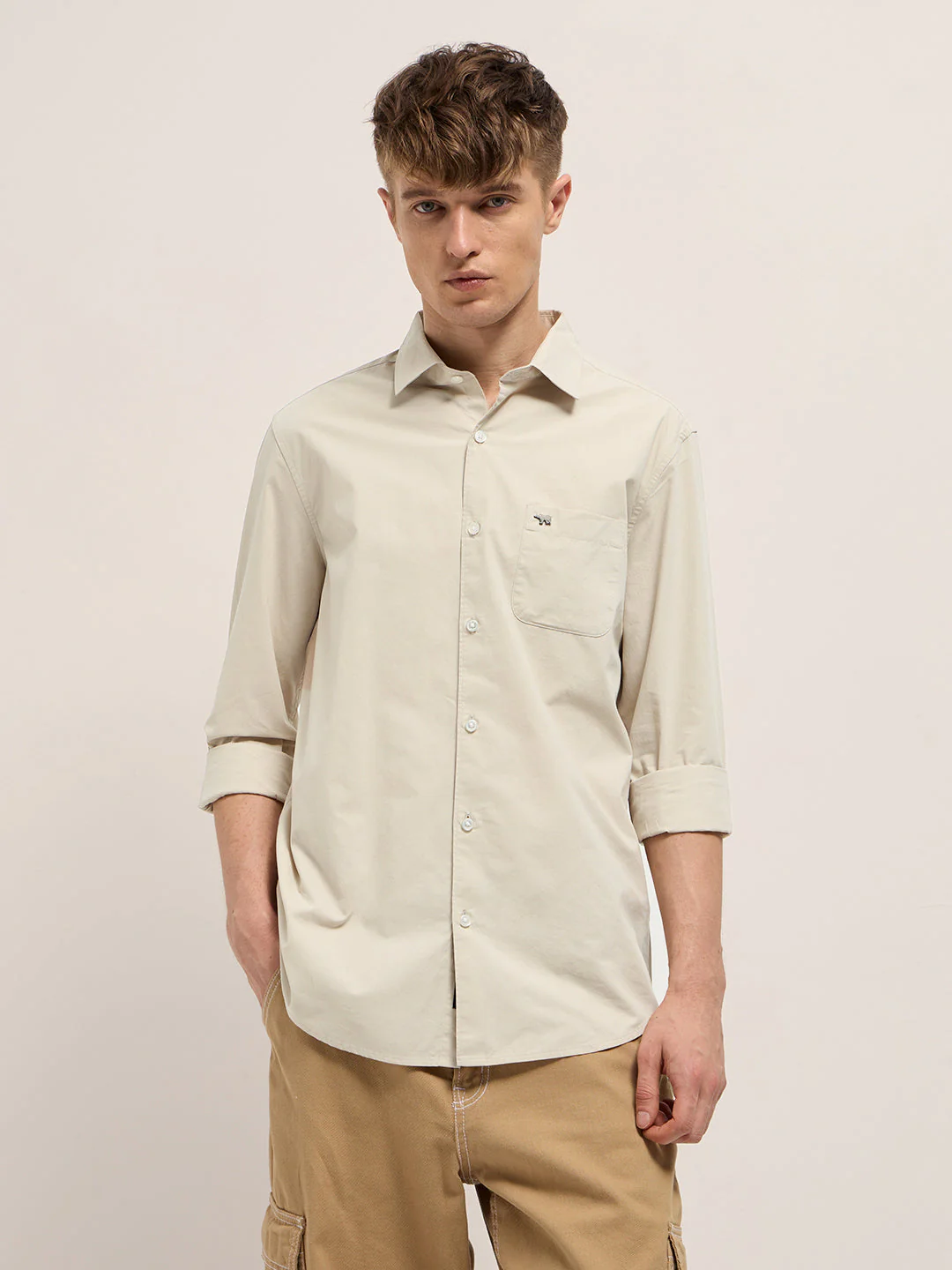 Men Beige Cotton Solid Slim Fit Casual Shirt - Image 6