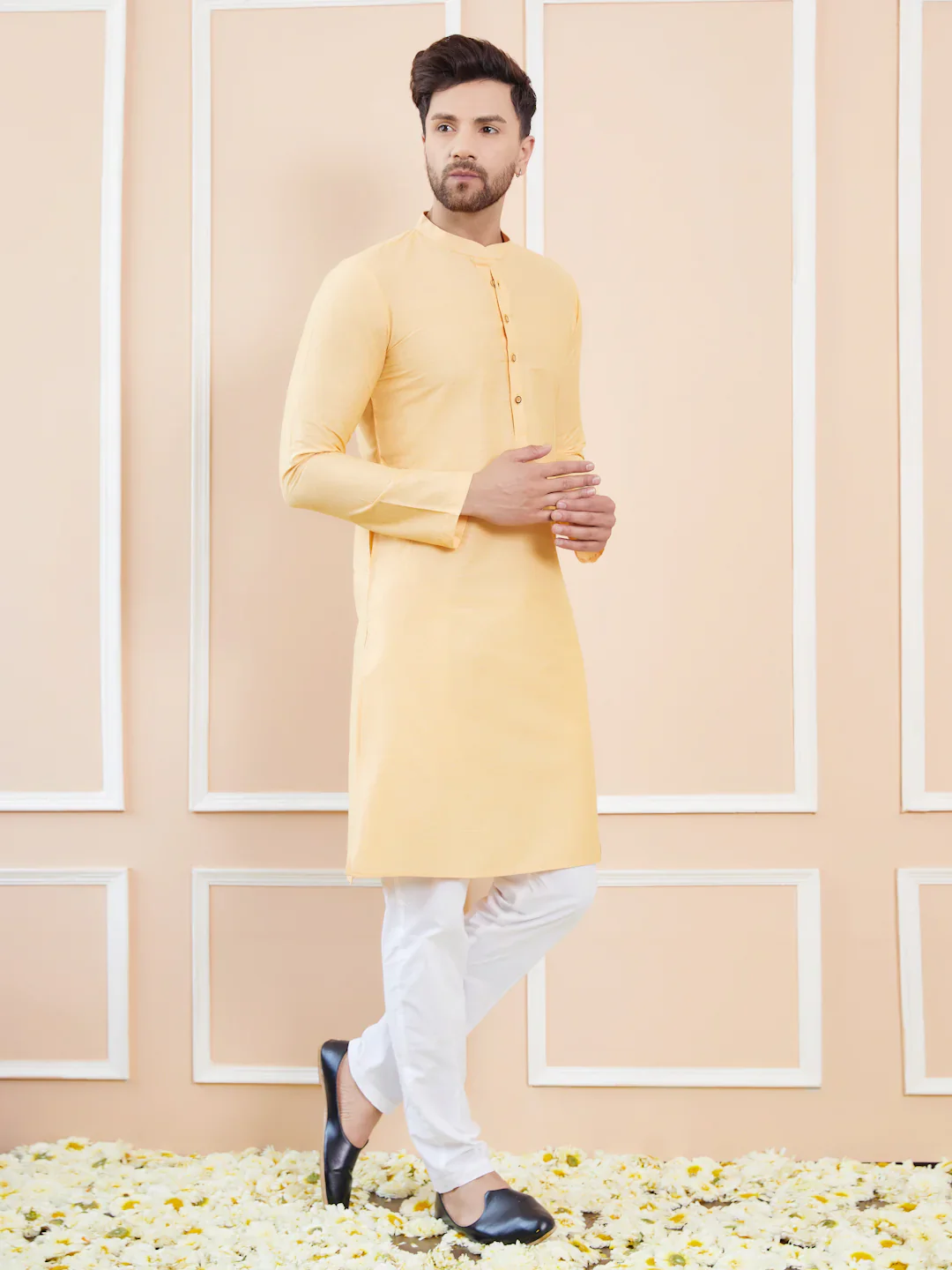Men Beige Cotton Solid Straight Kurta - Image 2
