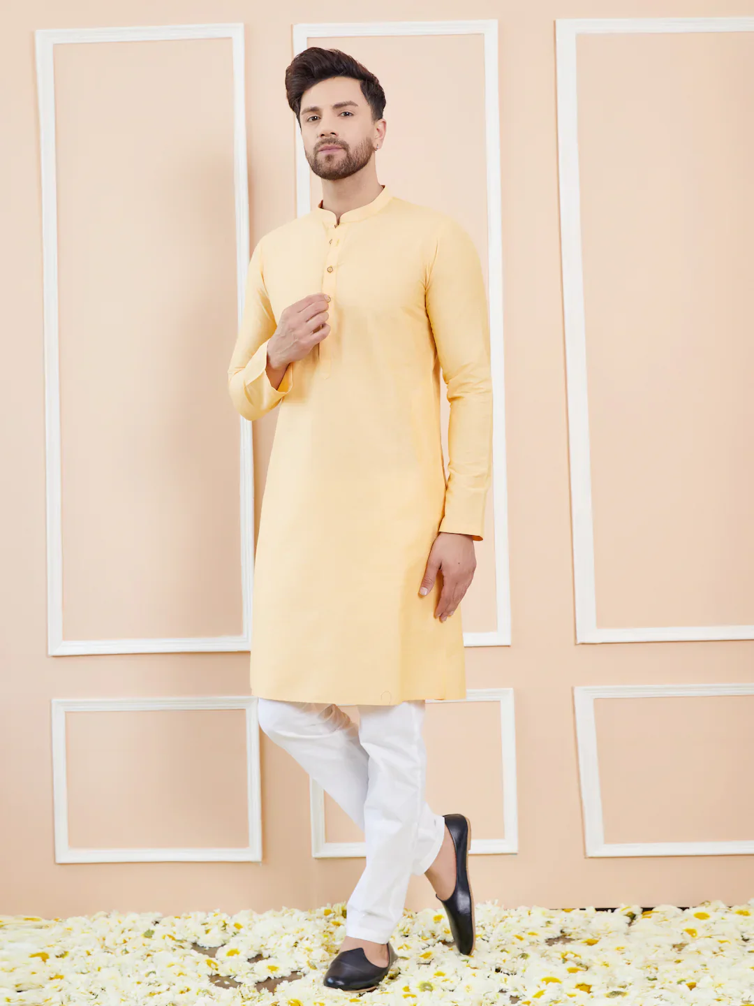 Men Beige Cotton Solid Straight Kurta - Image 4