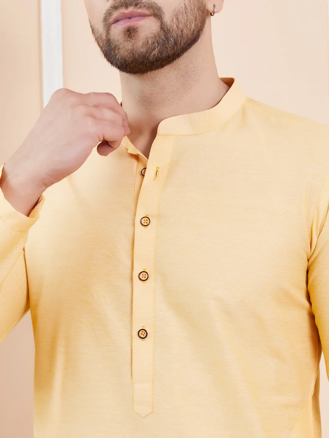 Men Beige Cotton Solid Straight Kurta - Image 5