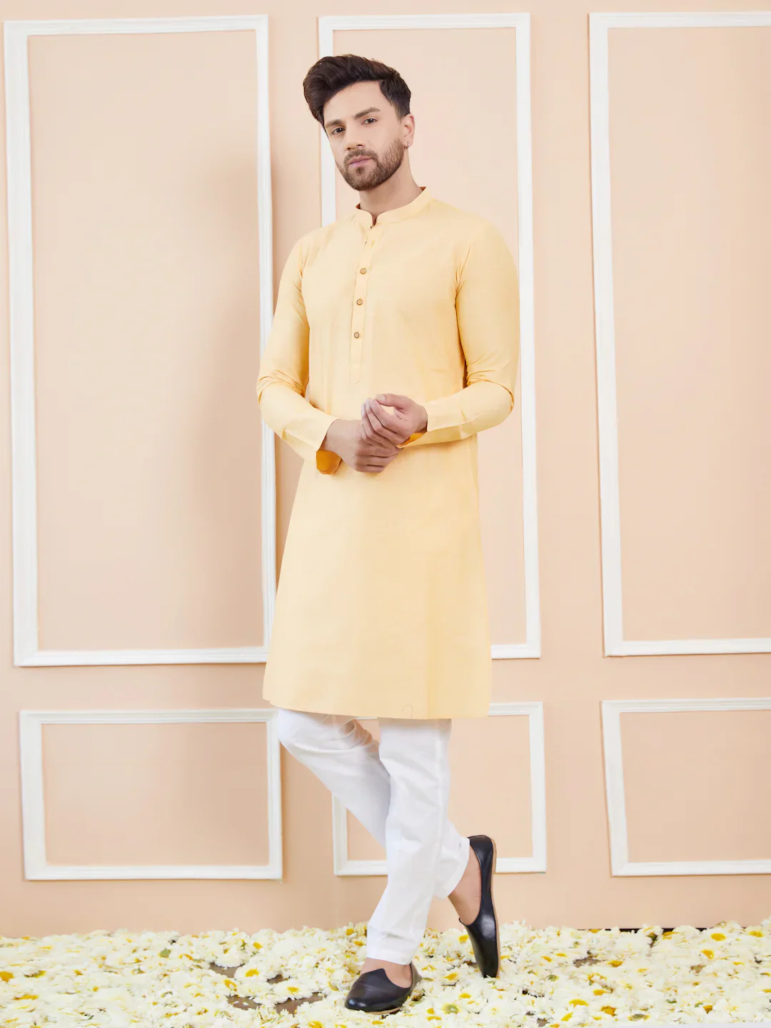 Men Beige Cotton Solid Straight Kurta - Image 6