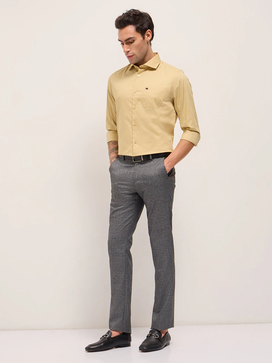 Men Beige Cotton Solid Tailored Fit Formal Shirt - Image 4