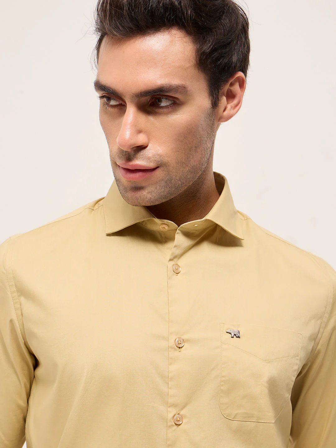 Men Beige Cotton Solid Tailored Fit Formal Shirt - Image 5