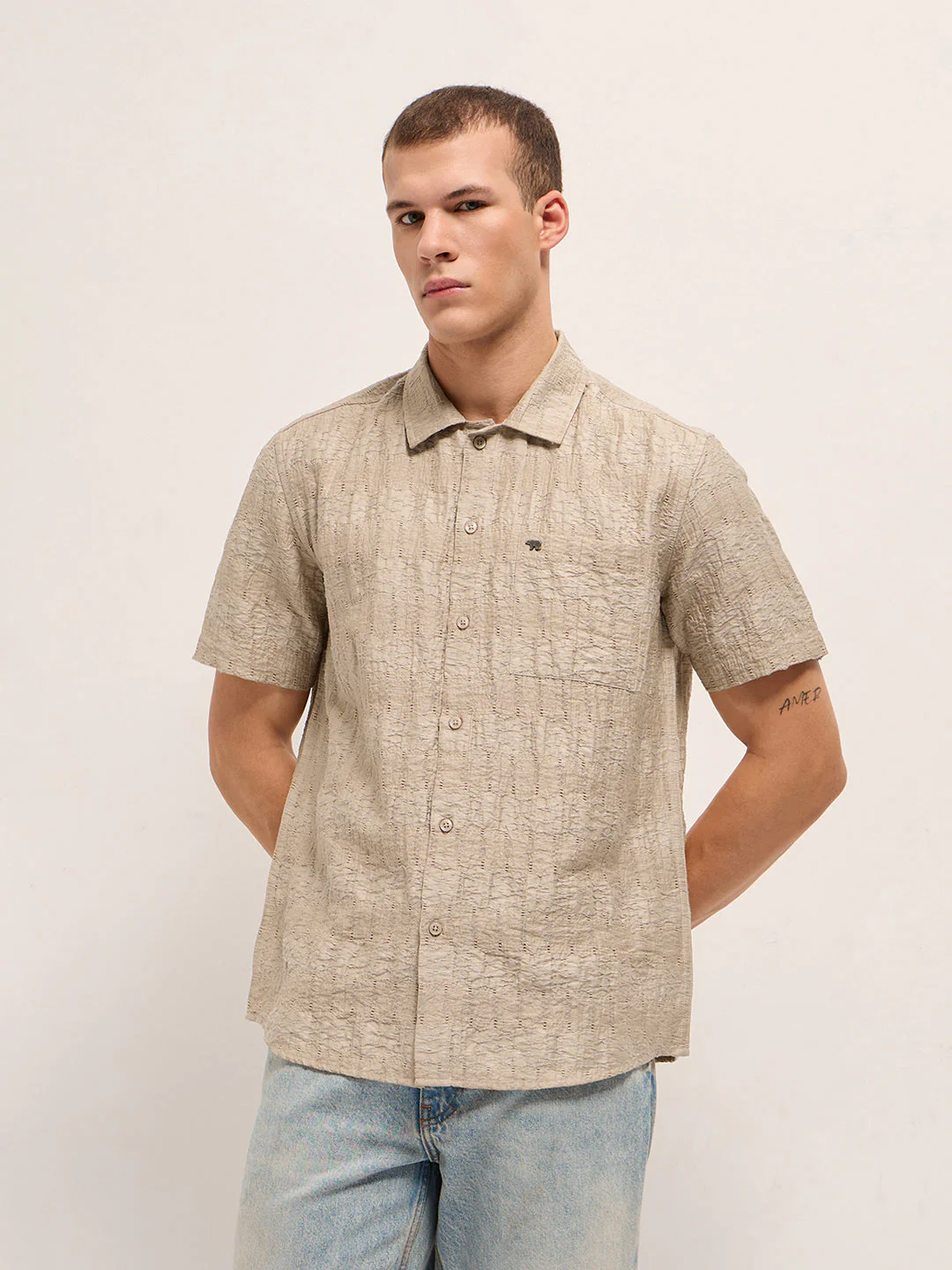 Men Beige Crinkle Textured Regular Fit Half-Sleeve Casual Shirt - Image 5