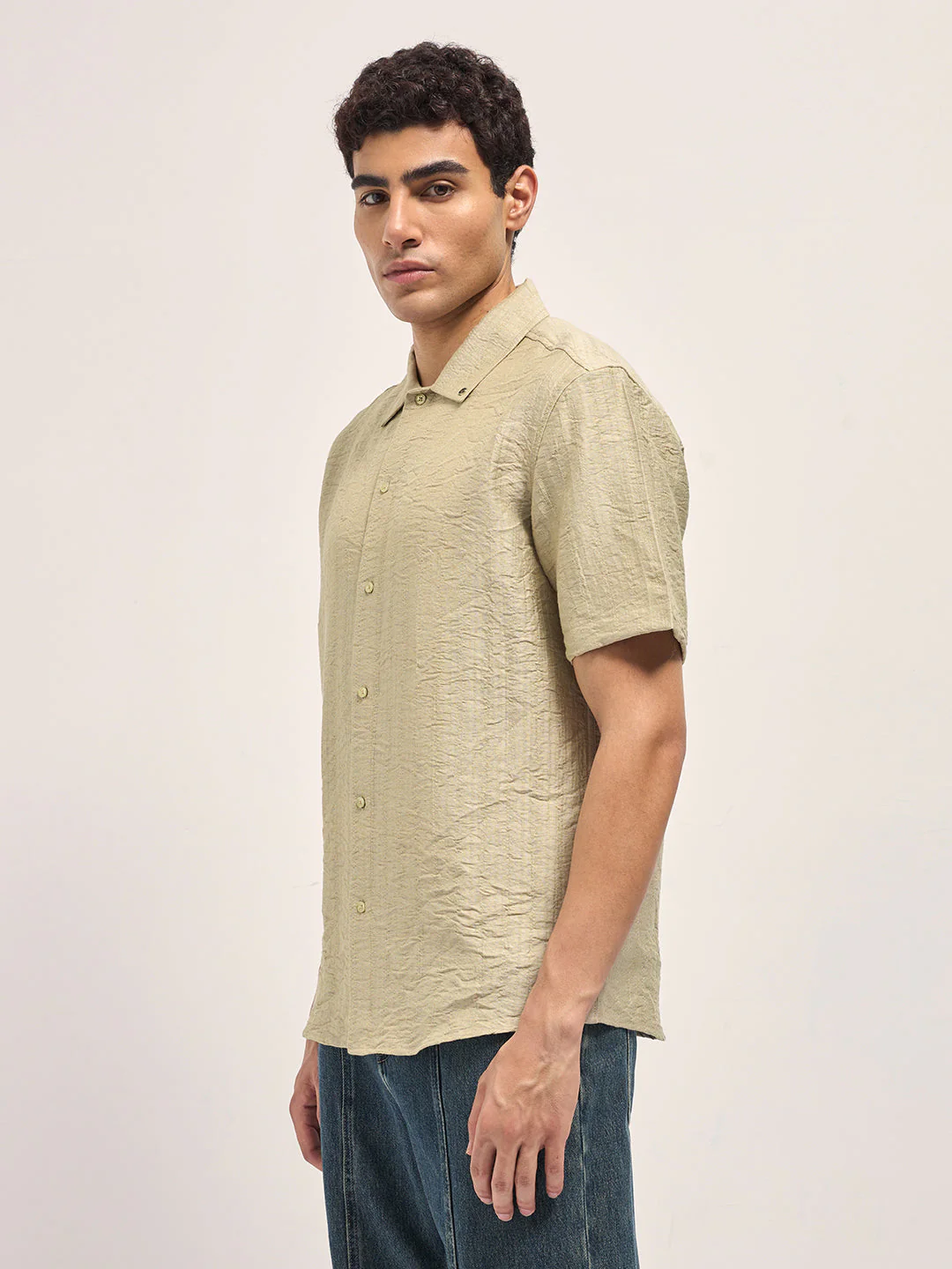Men Beige Crinkled Textured Regular Fit Half-Sleeve Casual Shirt - Image 3