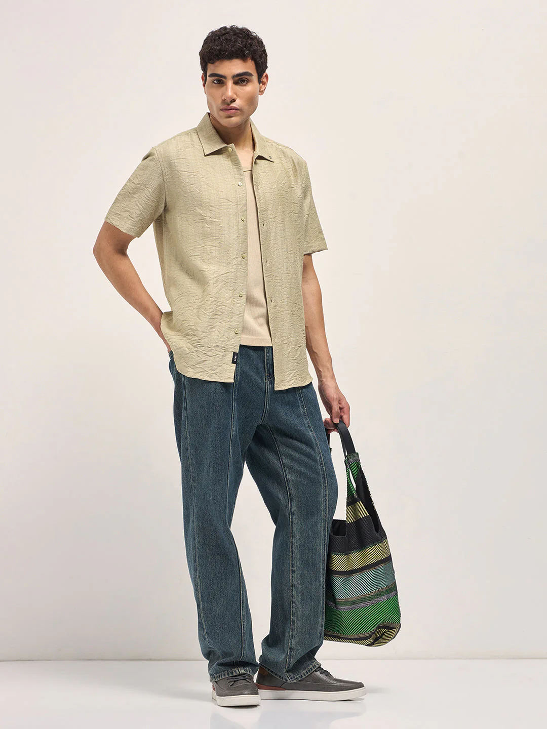 Men Beige Crinkled Textured Regular Fit Half-Sleeve Casual Shirt - Image 4