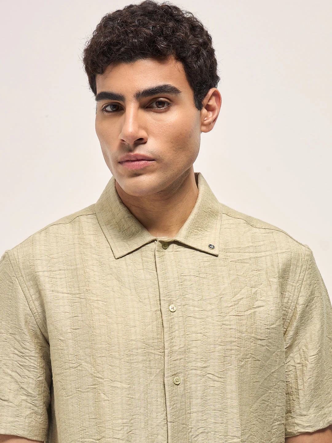 Men Beige Crinkled Textured Regular Fit Half-Sleeve Casual Shirt - Image 5