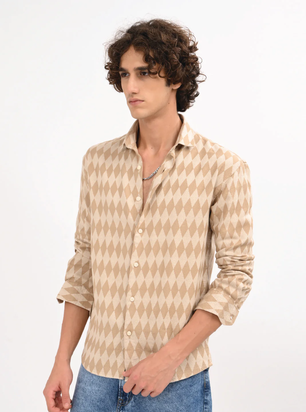 Men Beige Diamond Self Jacquard Shirt