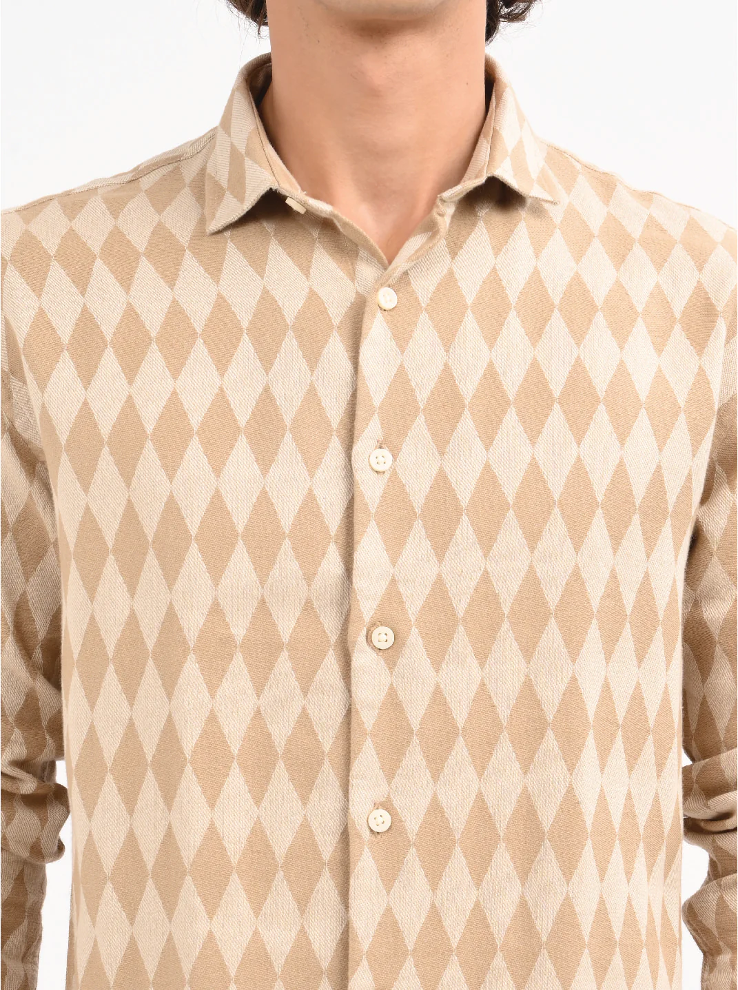 Men Beige Diamond Self Jacquard Shirt - Image 4
