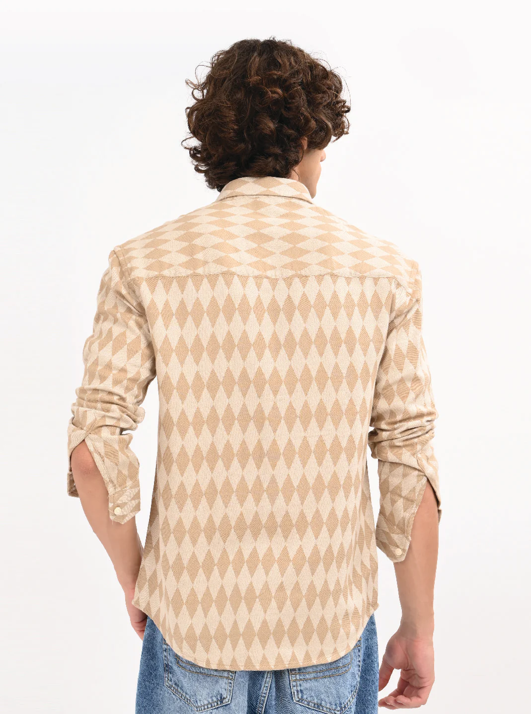 Men Beige Diamond Self Jacquard Shirt - Image 5