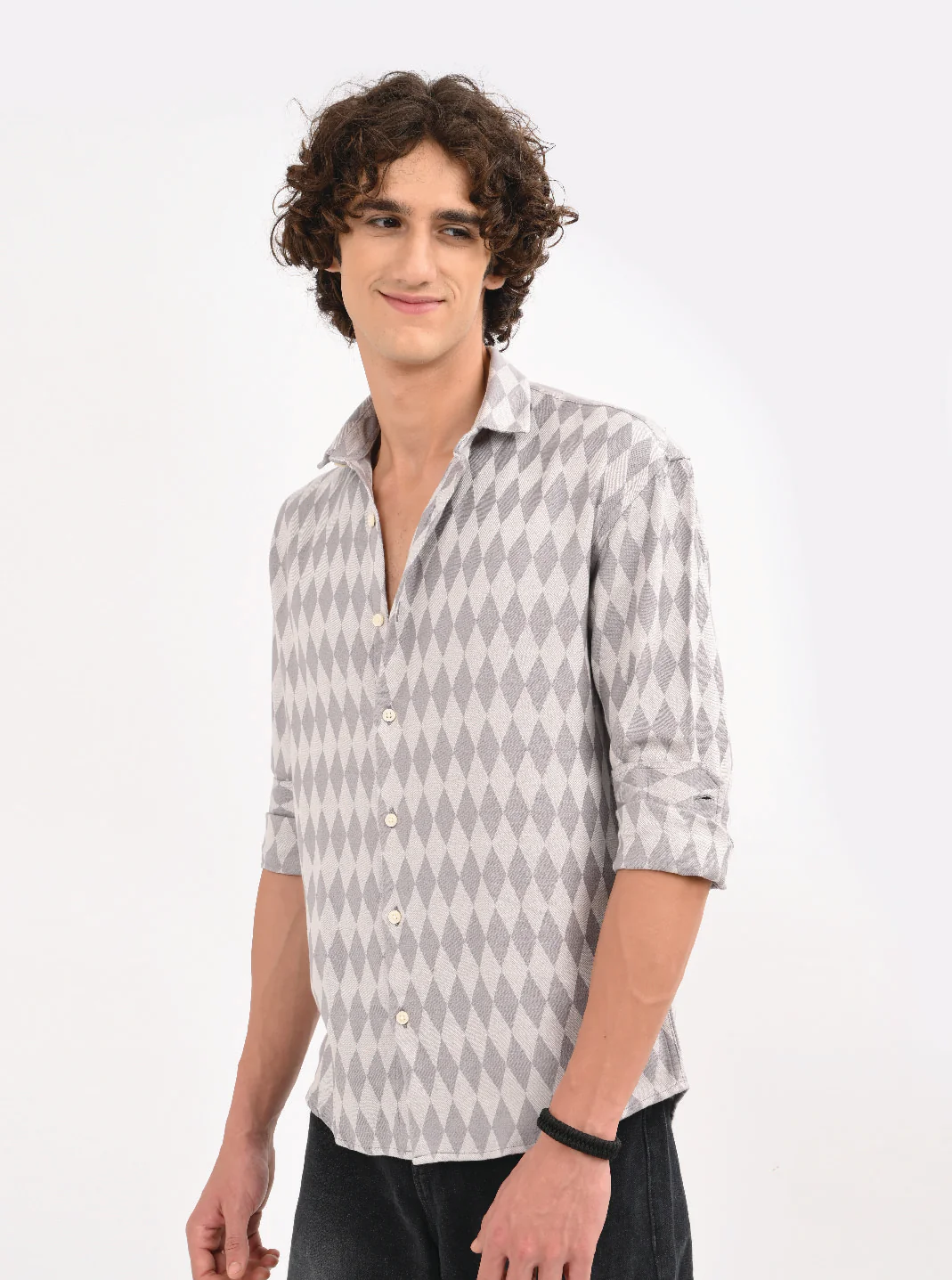 Men Grey Diamond Self Jacquard Shirt - Image 3