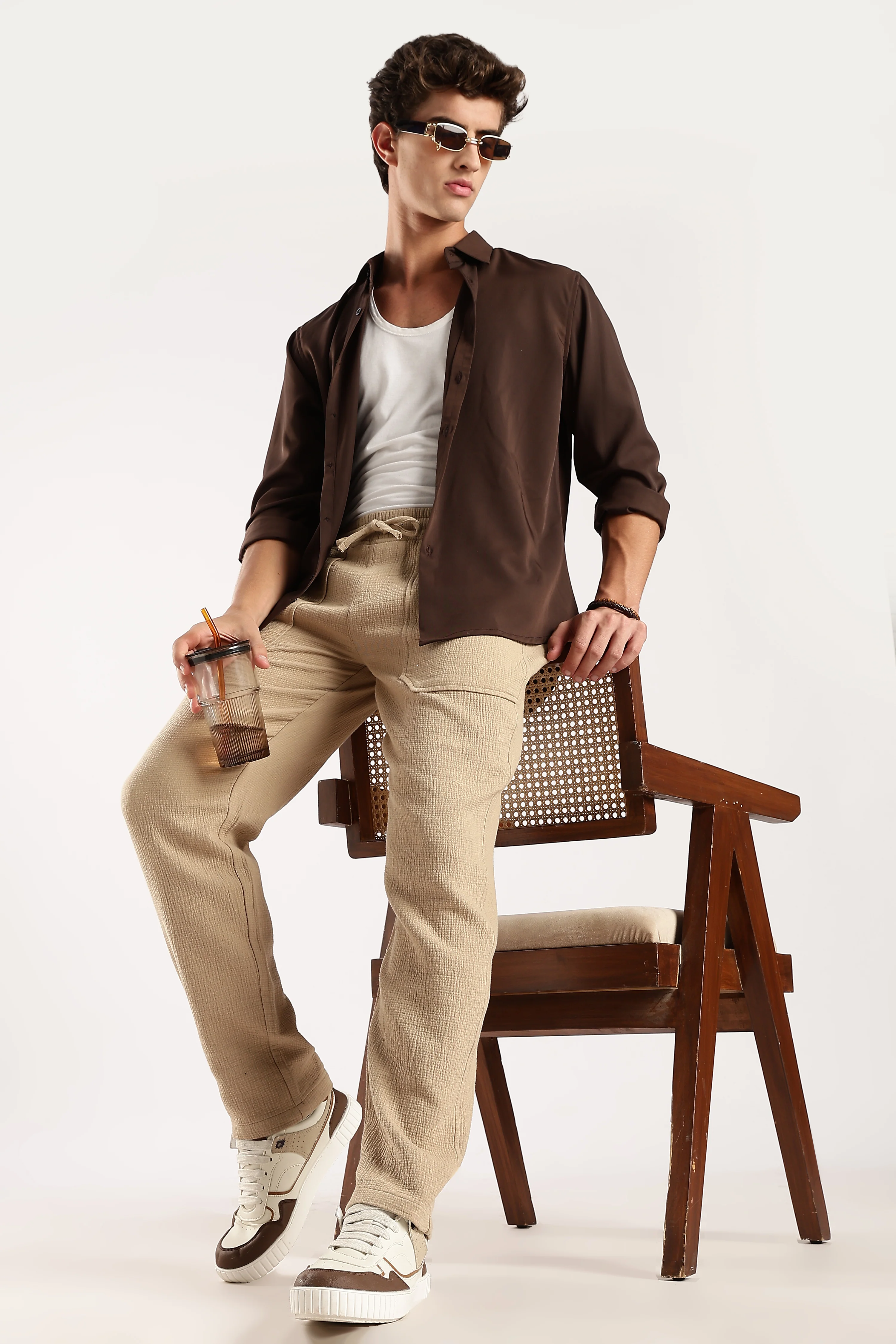 Men Beige Drawcord Trousers