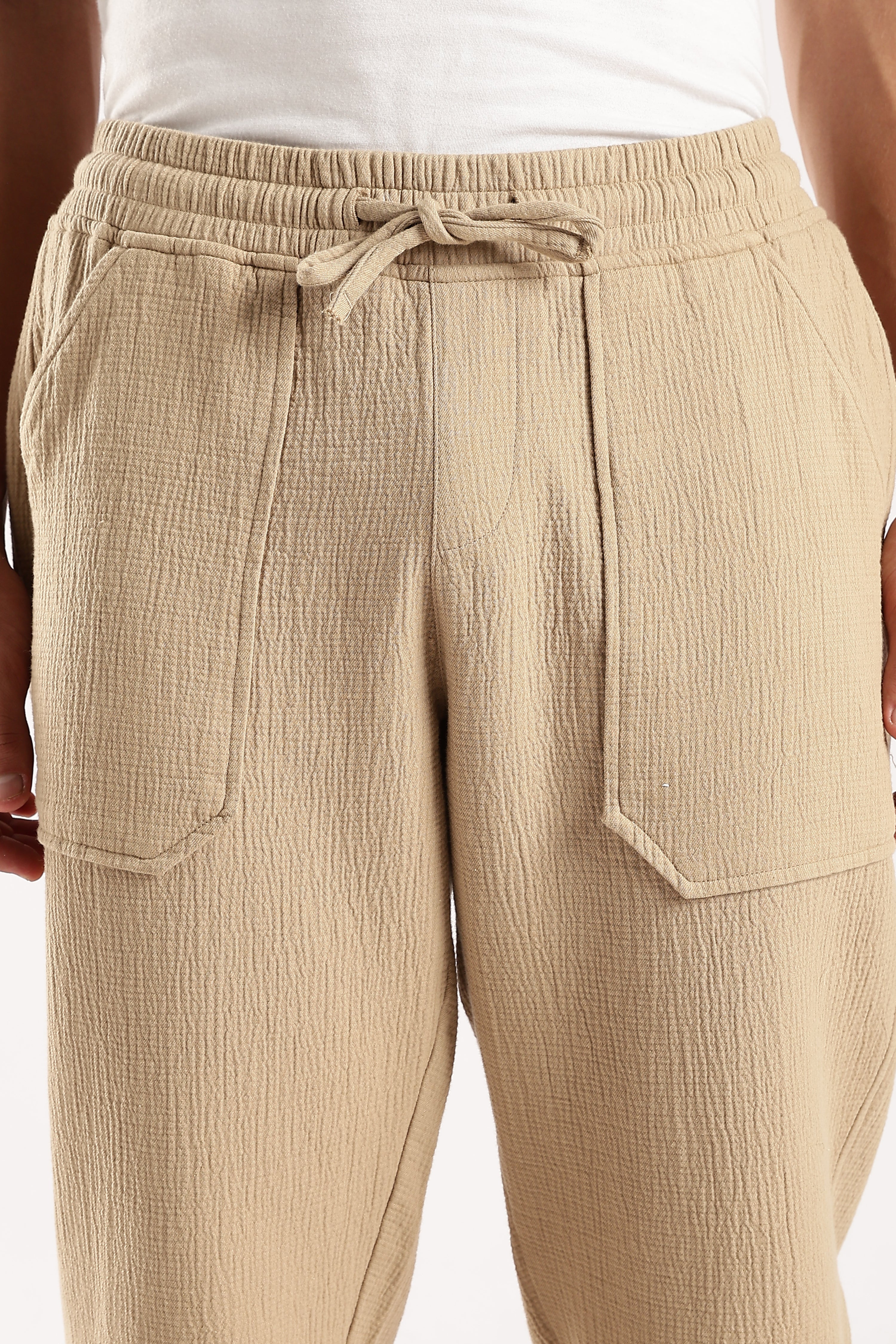 Men Beige Drawcord Trousers - Image 11