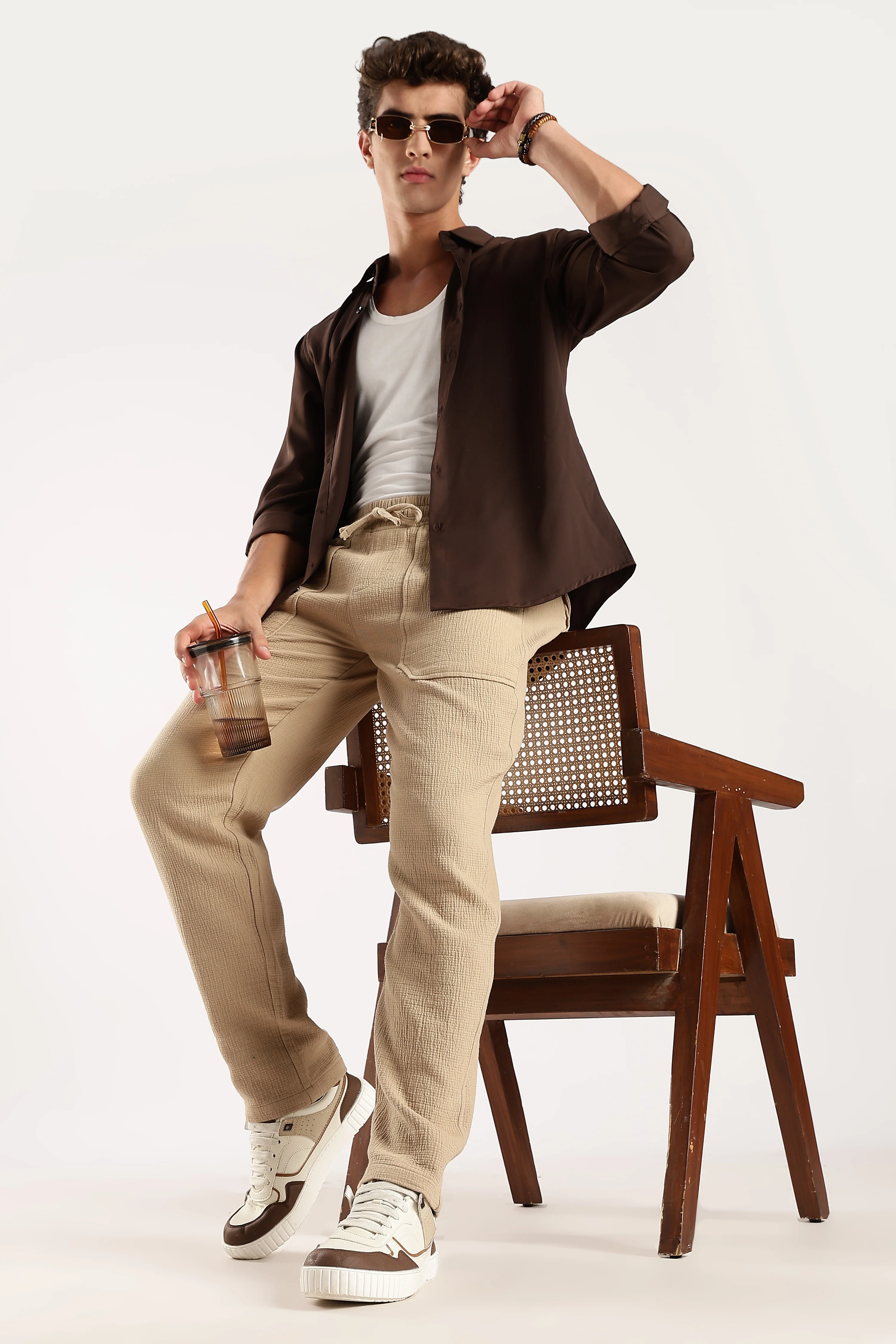 Men Beige Drawcord Trousers - Image 2