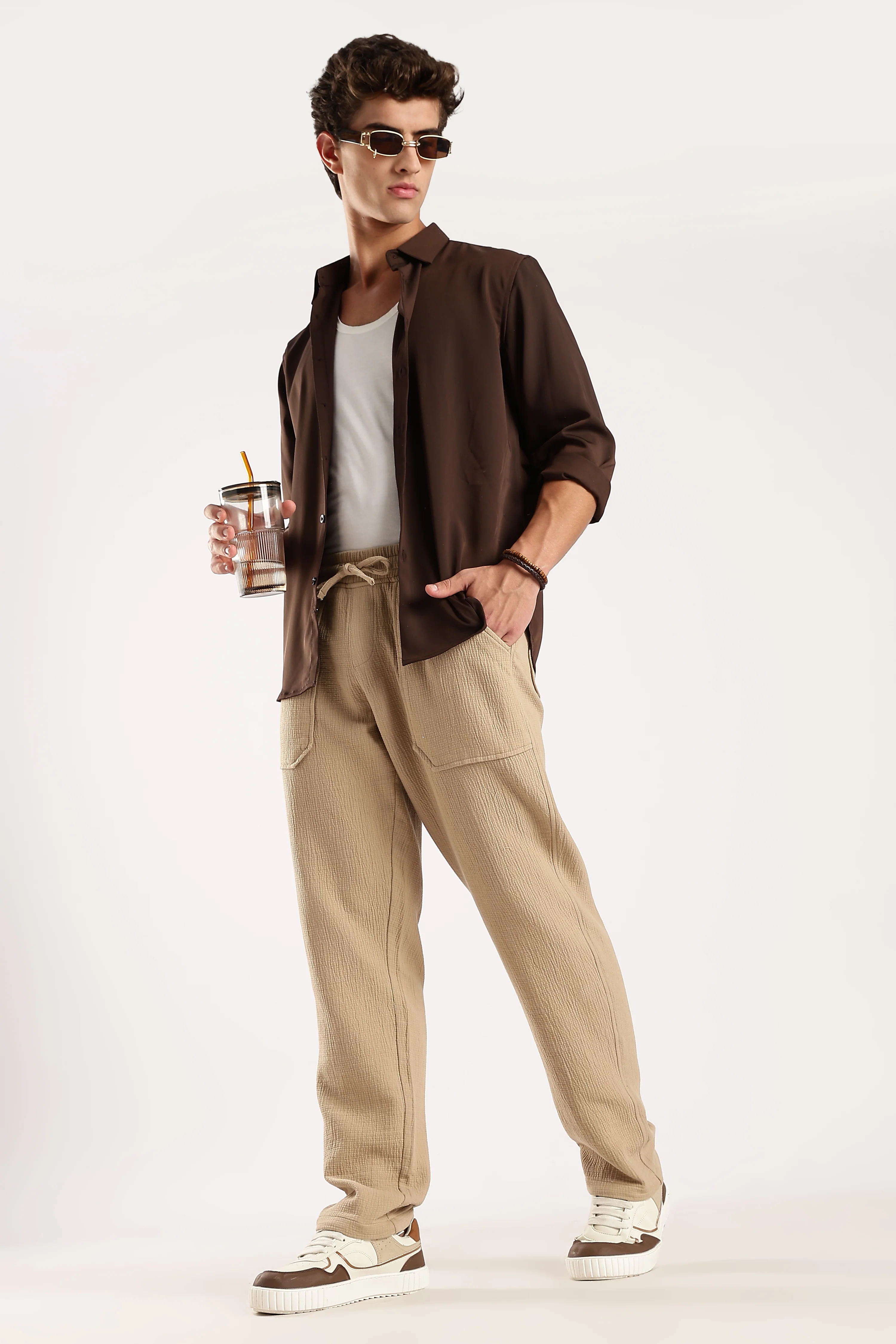 Men Beige Drawcord Trousers - Image 3