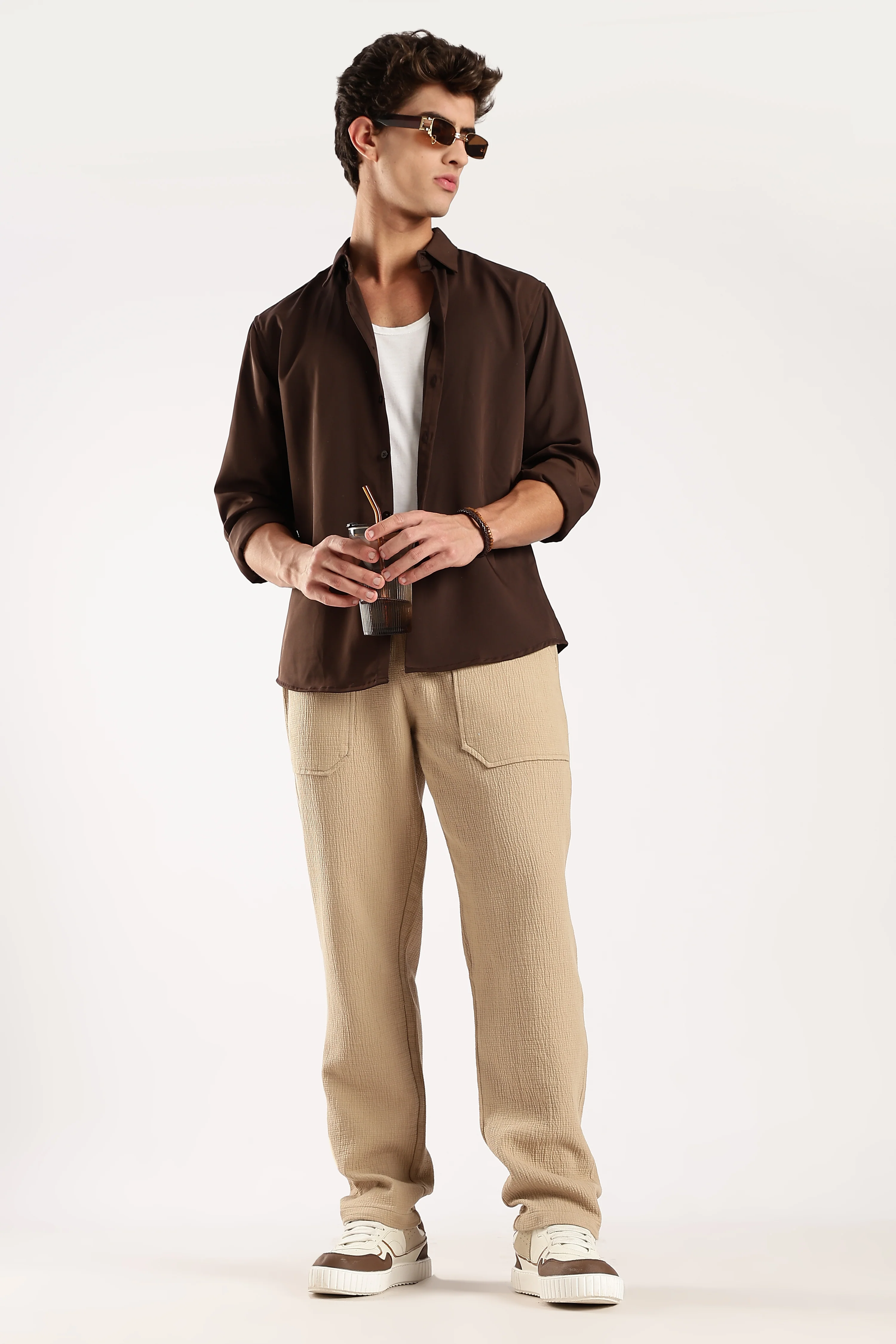 Men Beige Drawcord Trousers - Image 4
