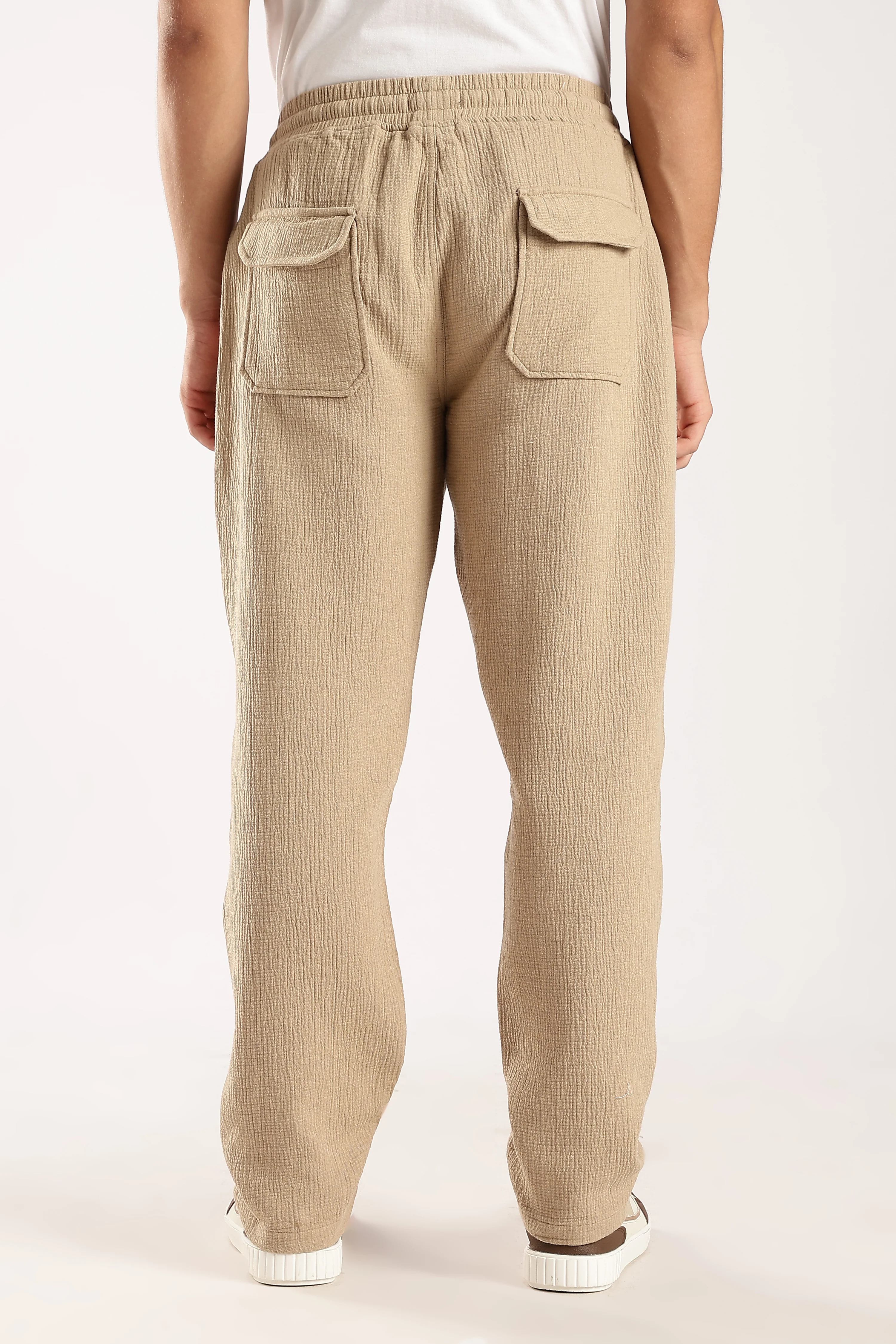Men Beige Drawcord Trousers - Image 5