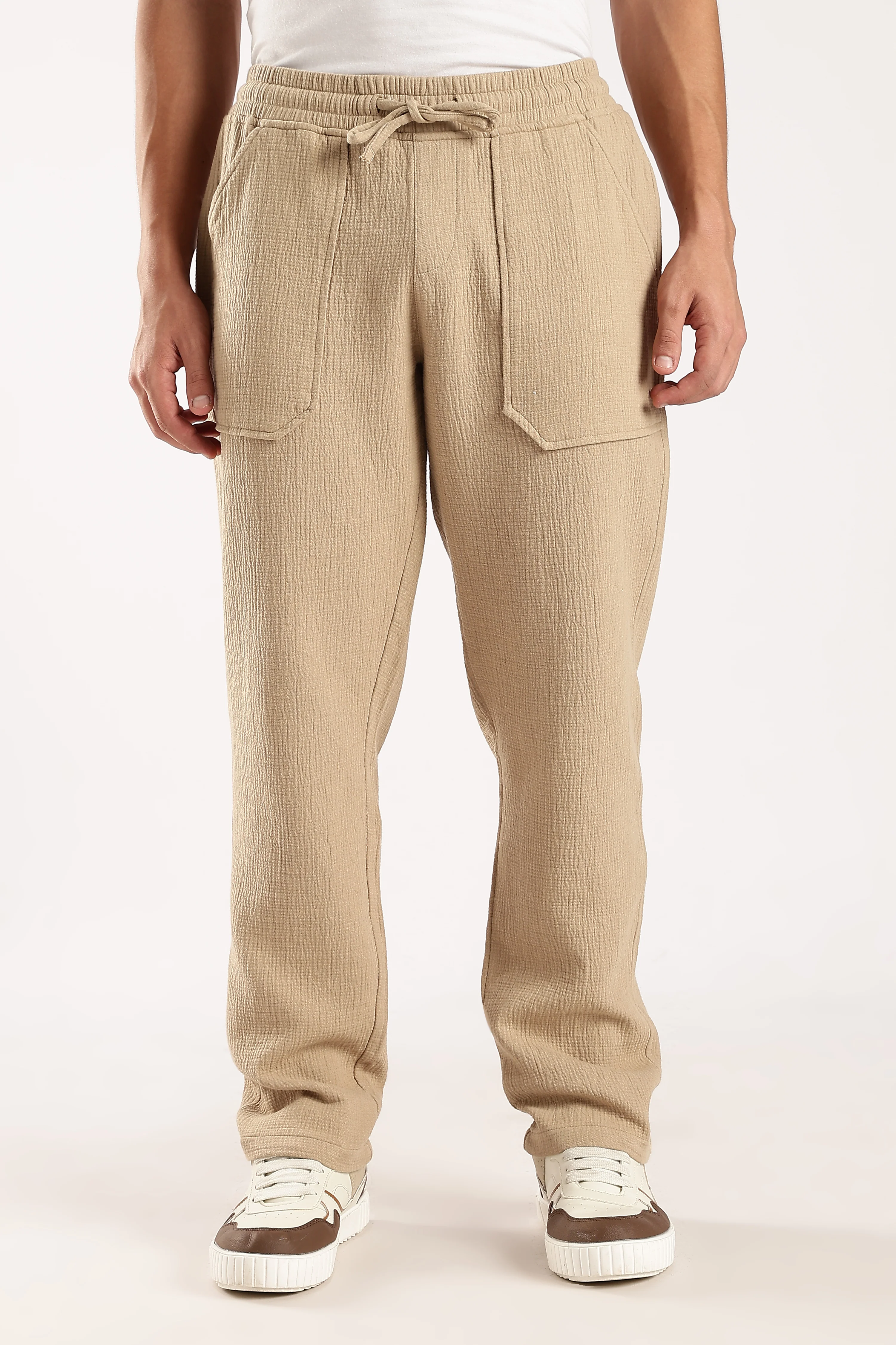 Men Beige Drawcord Trousers - Image 7