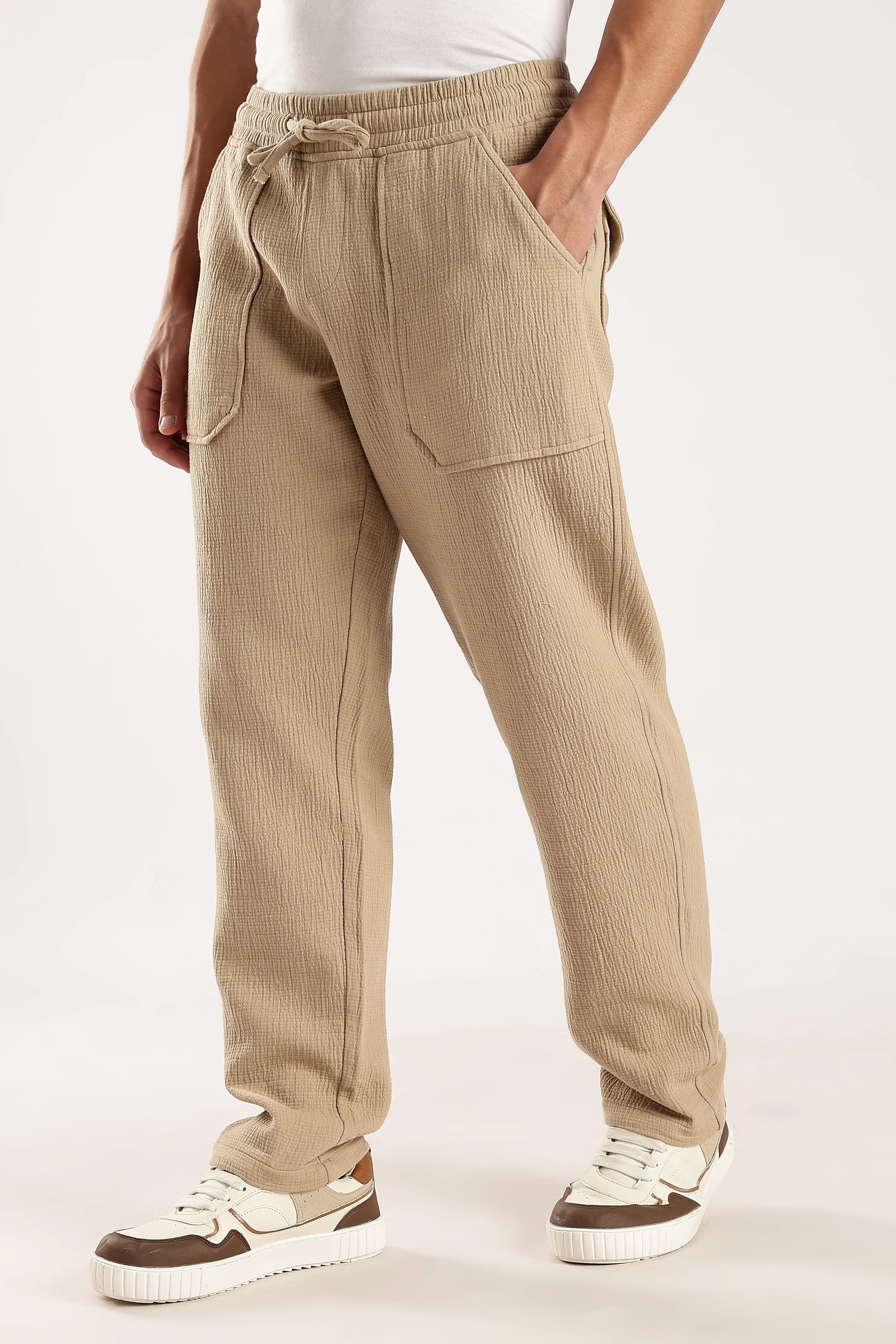 Men Beige Drawcord Trousers - Image 8