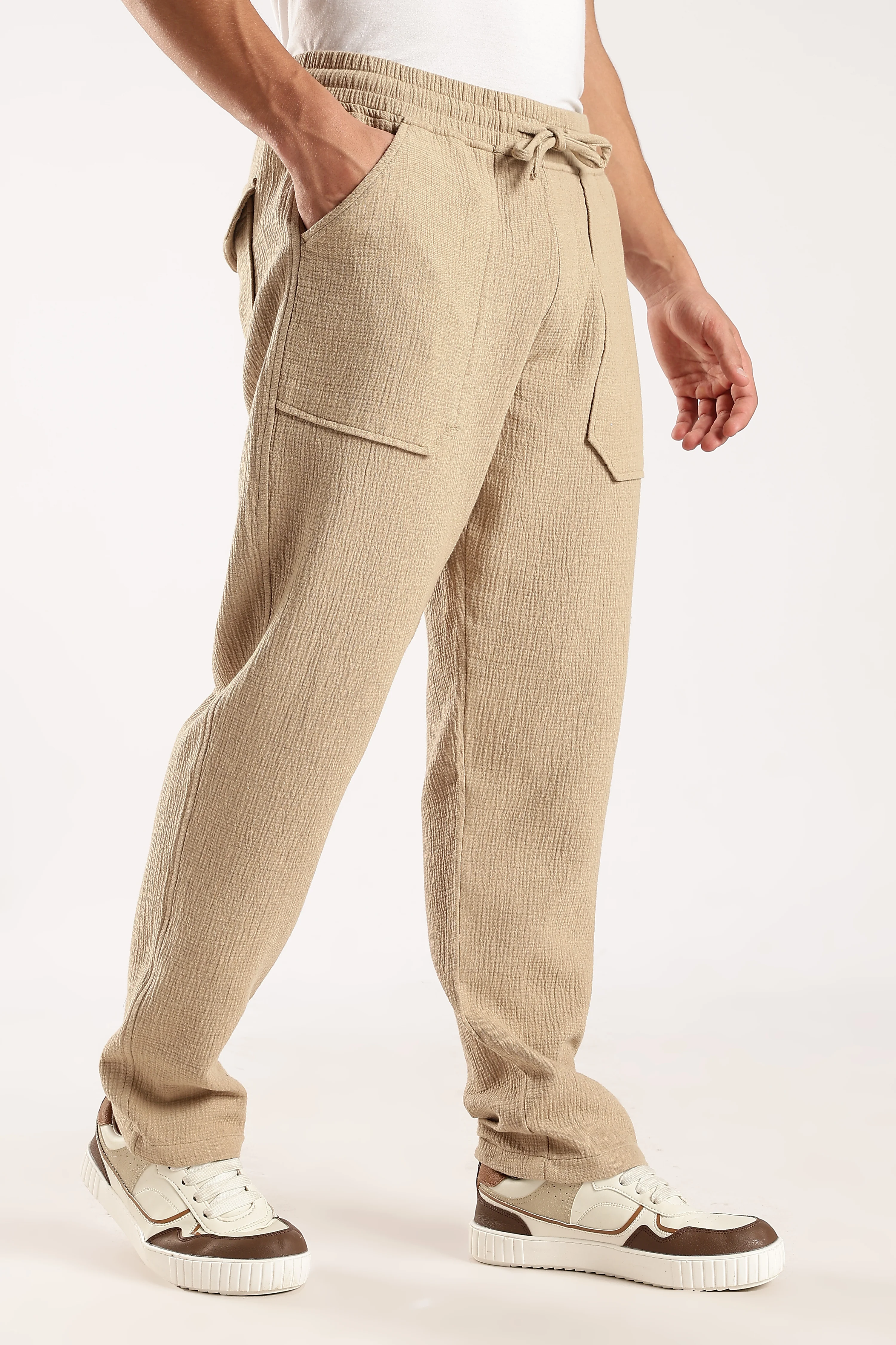 Men Beige Drawcord Trousers - Image 9