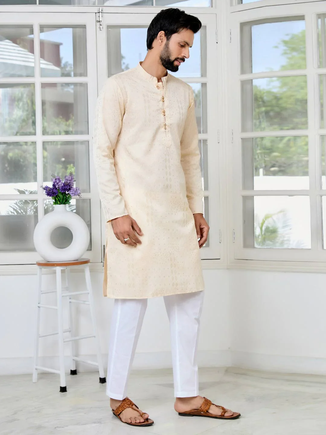 Men Beige Embossed Printed And Foil Printed Straight Kurta - Image 2