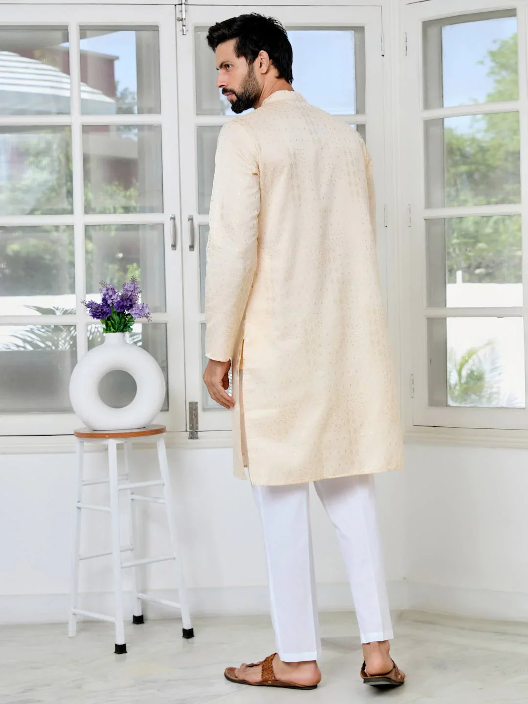 Men Beige Embossed Printed And Foil Printed Straight Kurta - Image 3
