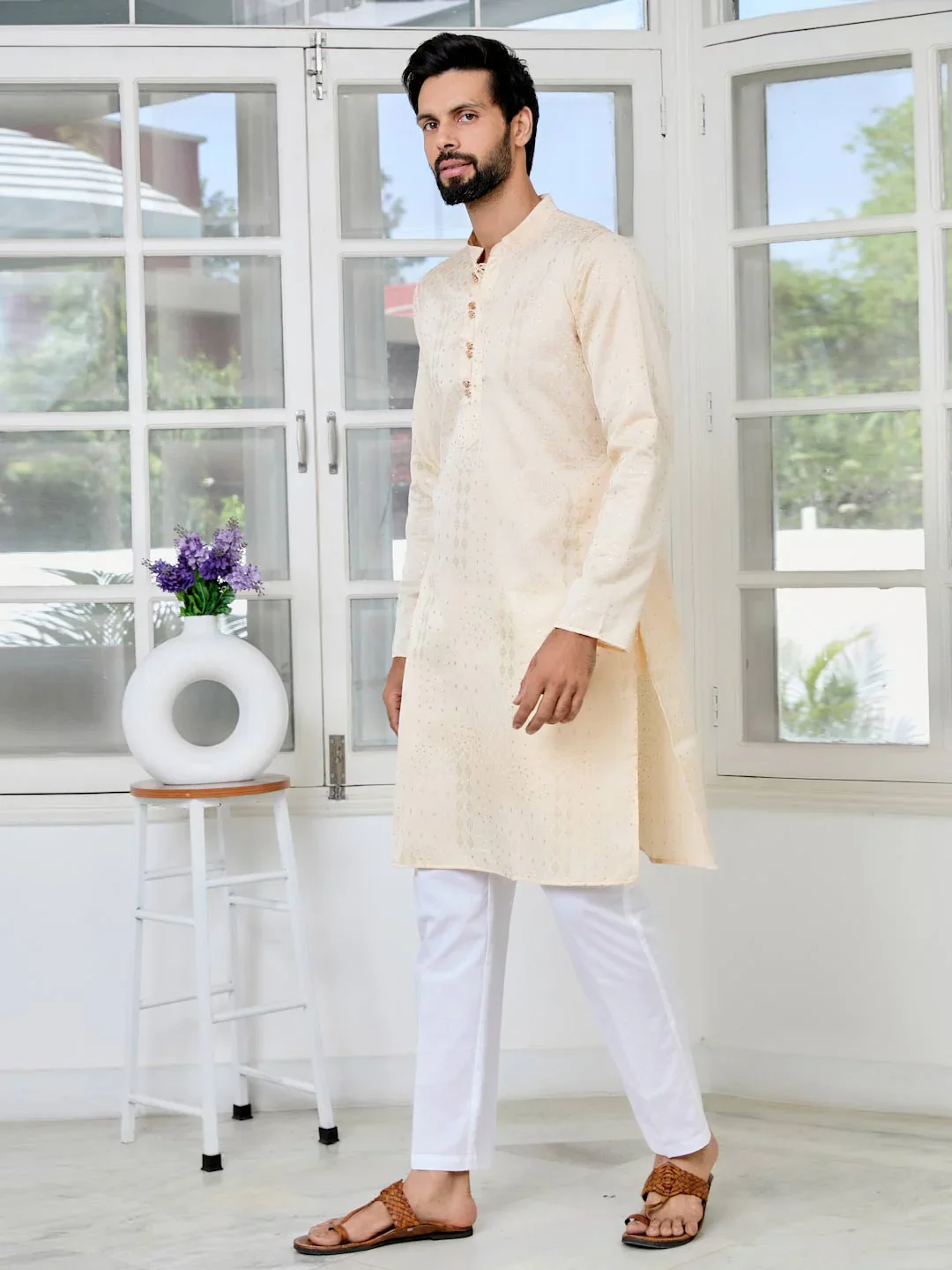 Men Beige Embossed Printed And Foil Printed Straight Kurta - Image 4