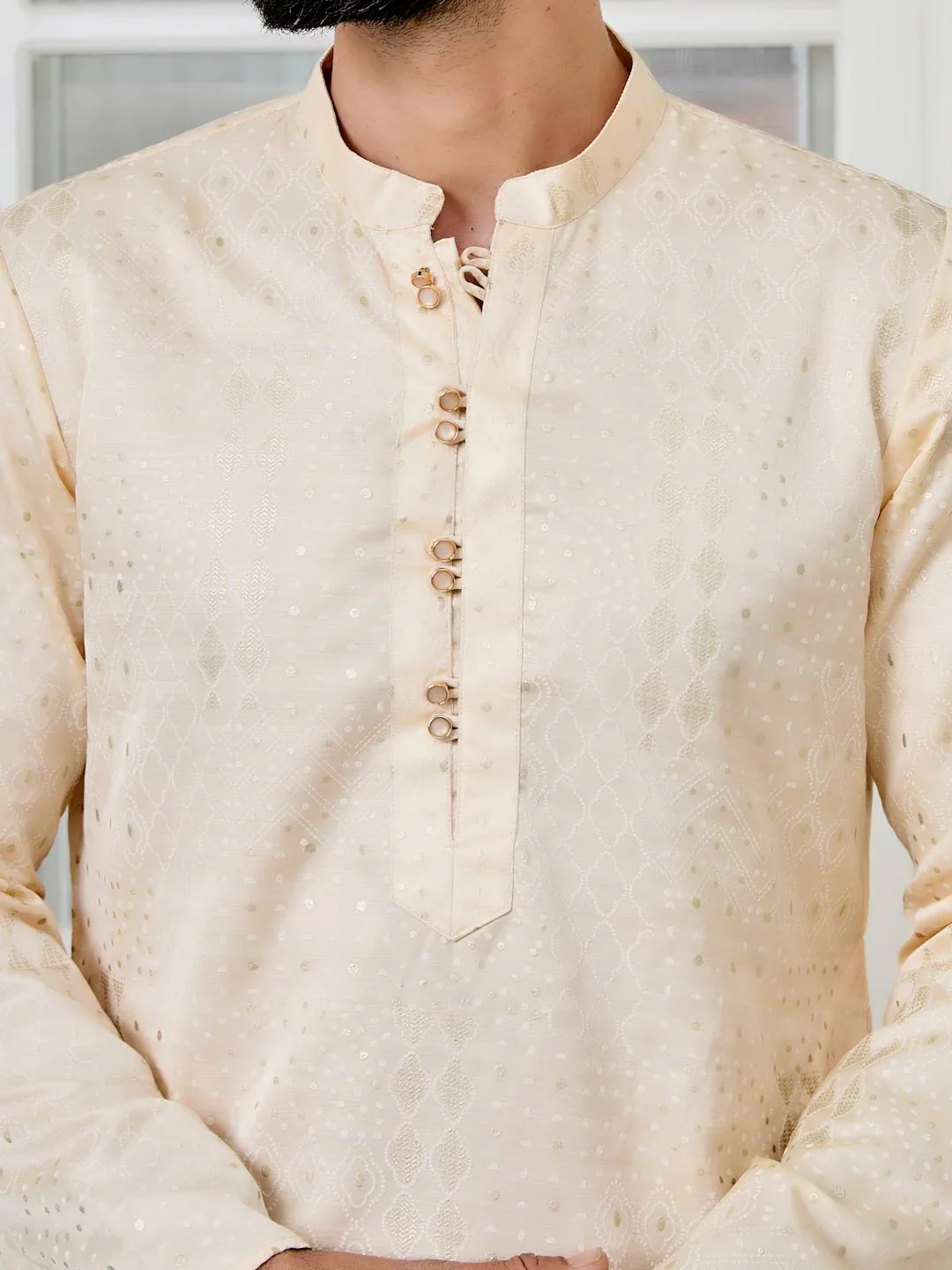 Men Beige Embossed Printed And Foil Printed Straight Kurta - Image 5