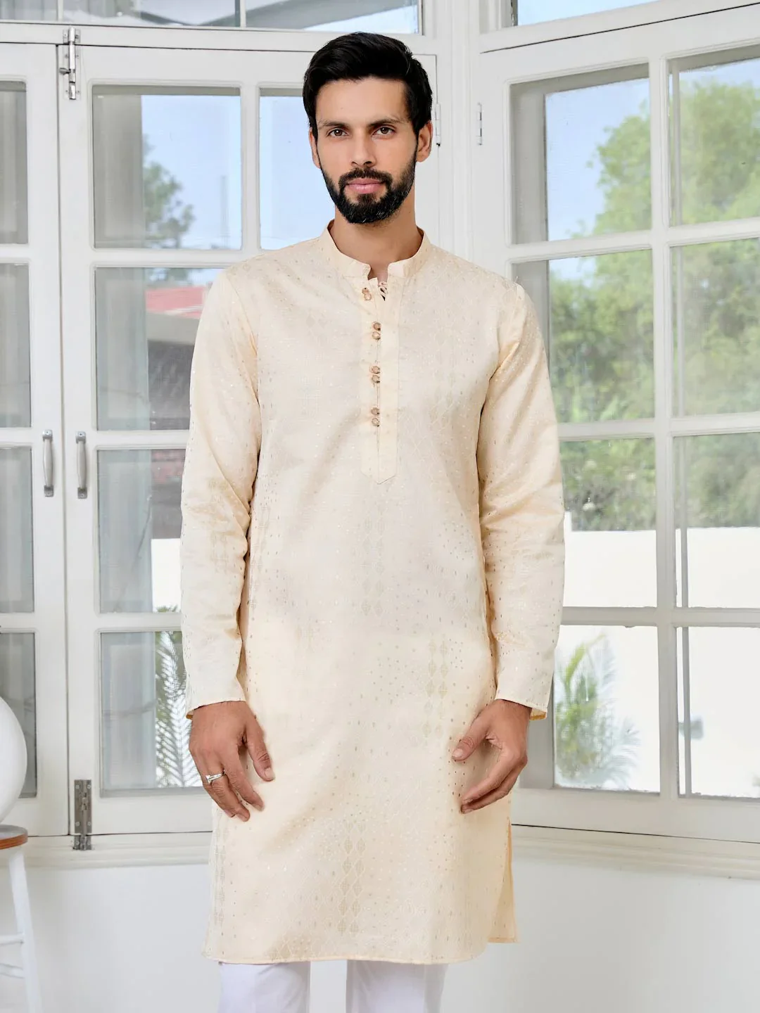 Men Beige Embossed Printed And Foil Printed Straight Kurta - Image 6