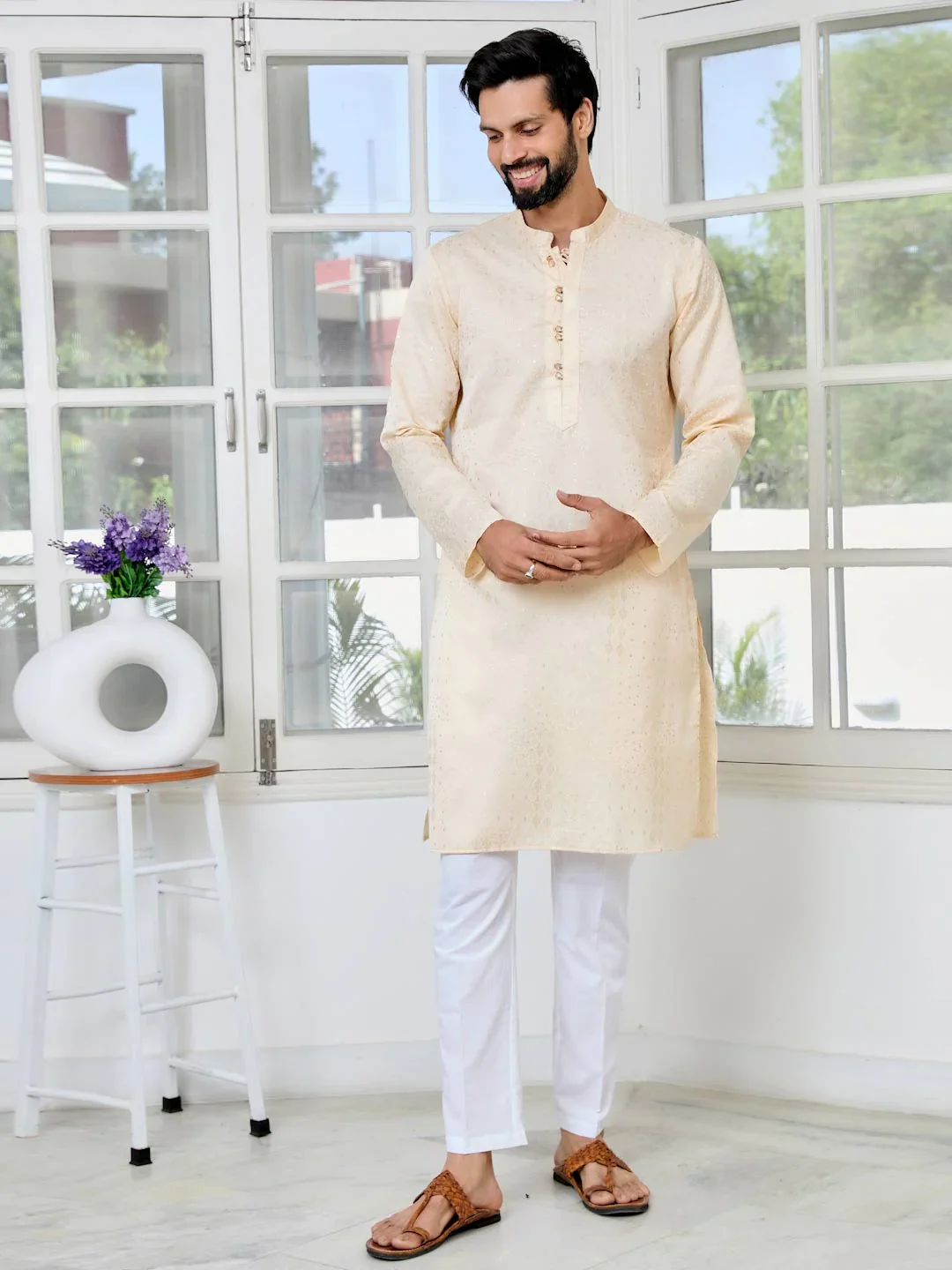 Men Beige Embossed Printed And Foil Printed Straight Kurta - Image 7