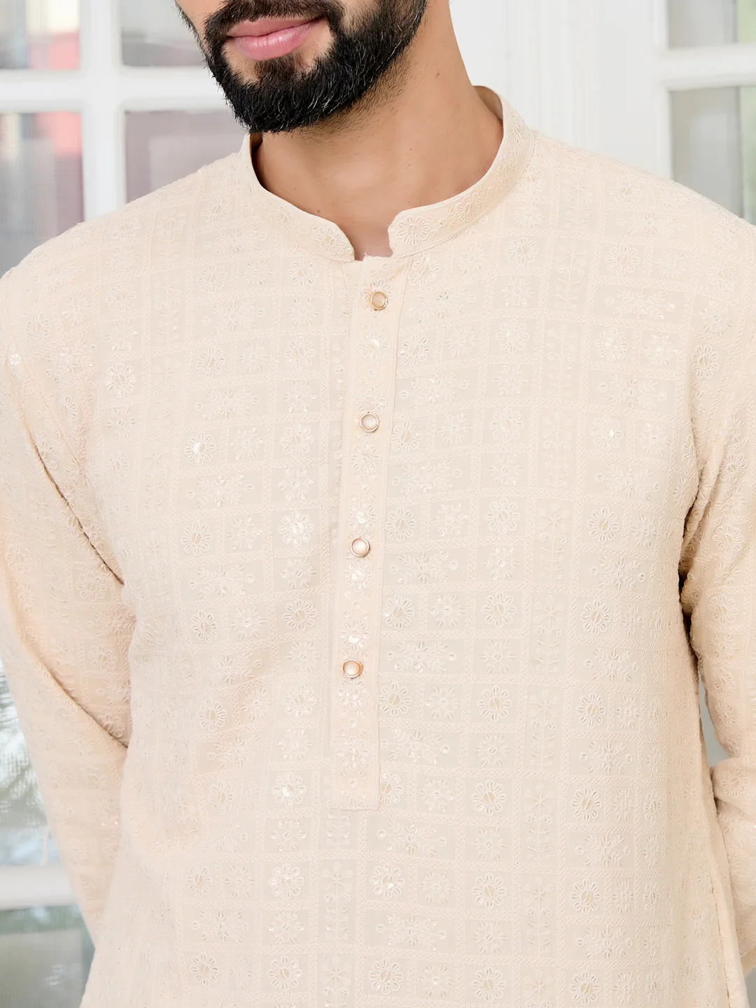 Men Beige Ethnic Motifs Sequins Embroidered Straight Kurta - Image 2