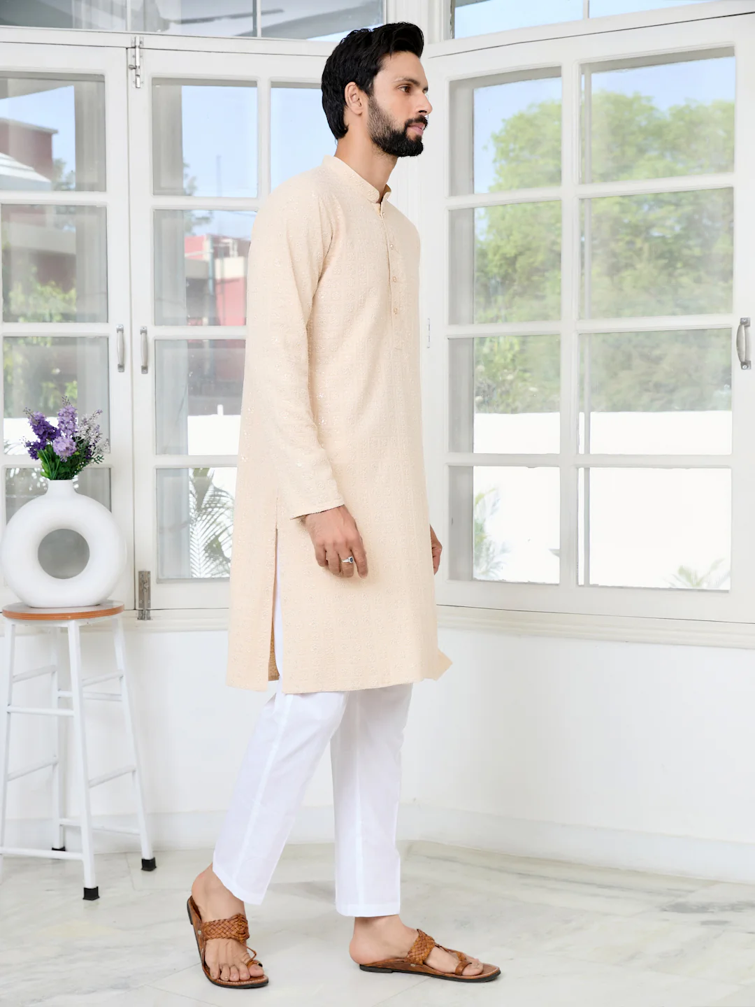 Men Beige Ethnic Motifs Sequins Embroidered Straight Kurta - Image 3