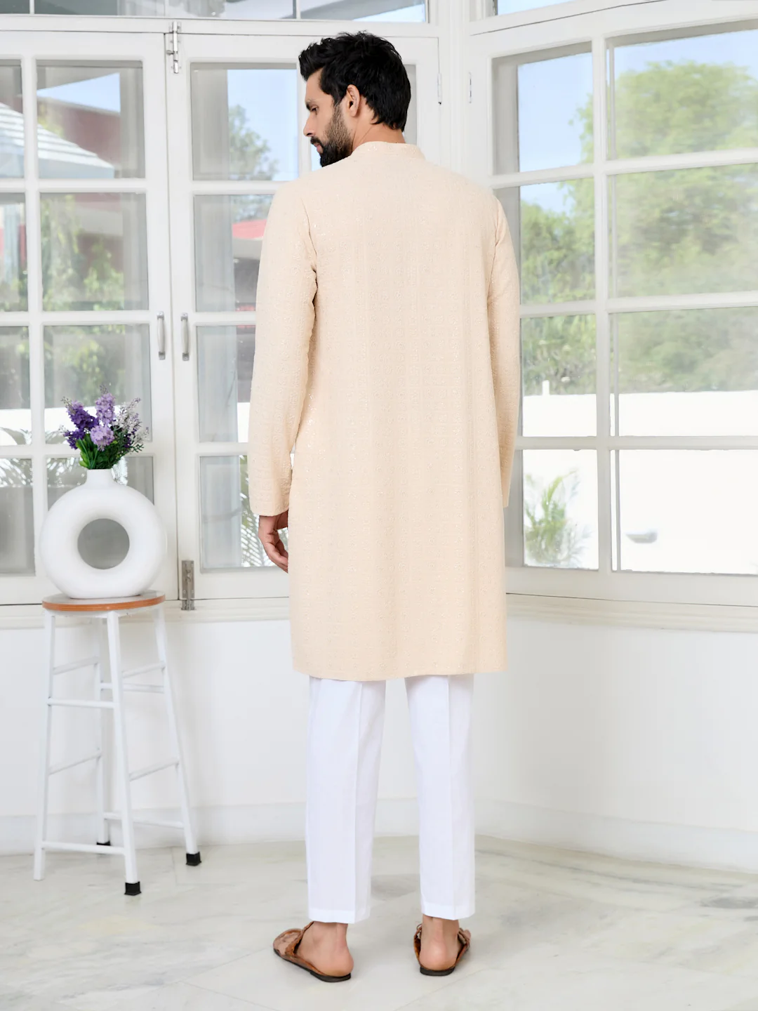 Men Beige Ethnic Motifs Sequins Embroidered Straight Kurta - Image 4