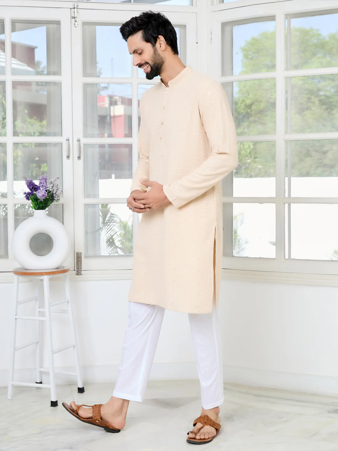 Men Beige Ethnic Motifs Sequins Embroidered Straight Kurta - Image 5